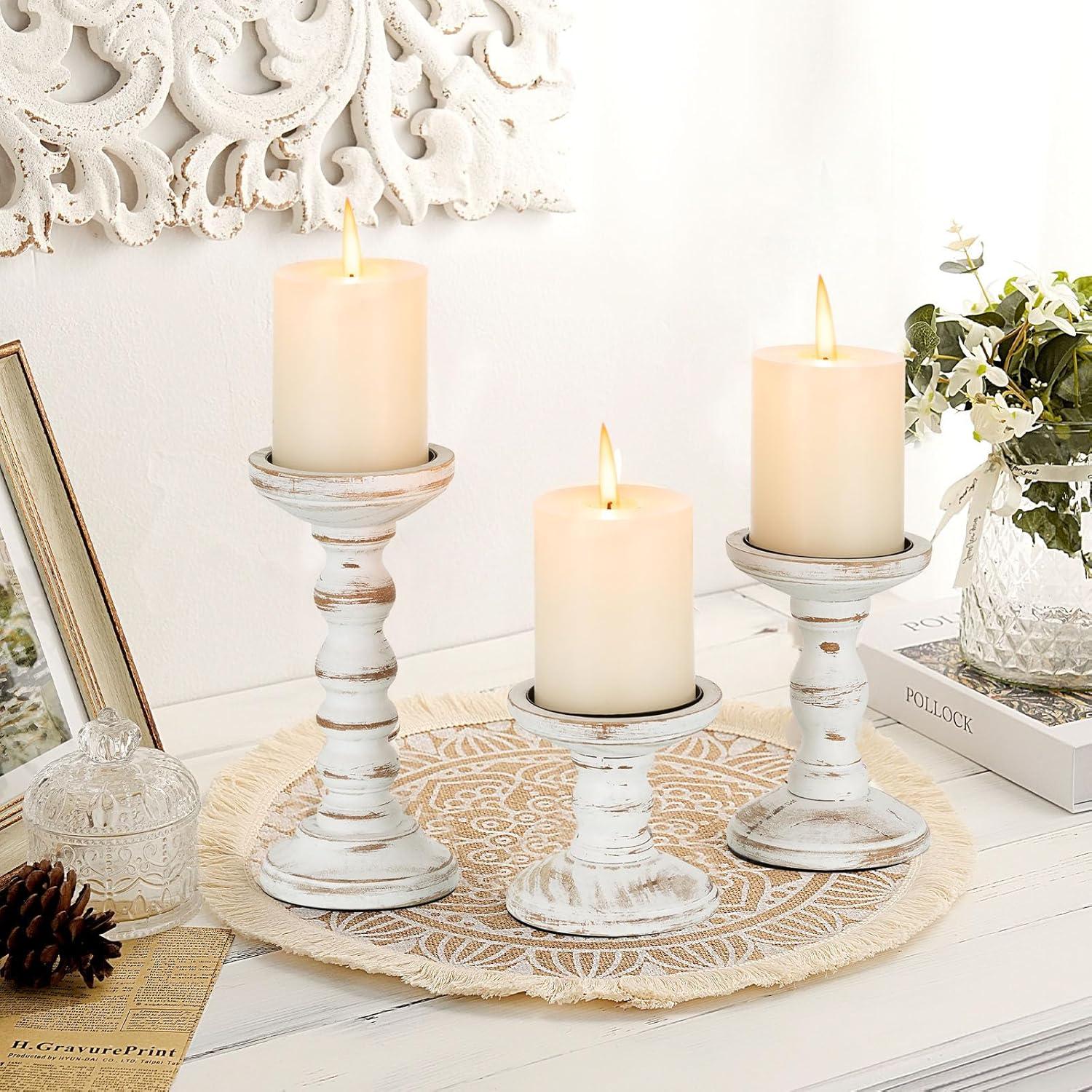 Whitewashed Pine Rustic Farmhouse Candle Holders Set of 3