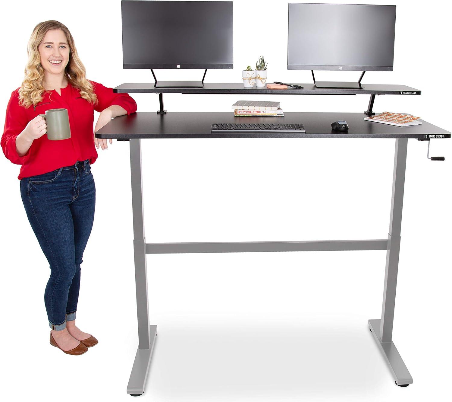 Tranzendesk Standing Desk With Clamp-On Shelf - 55" | Sit to Stand Workstation with 55" Monitor Stand - Black