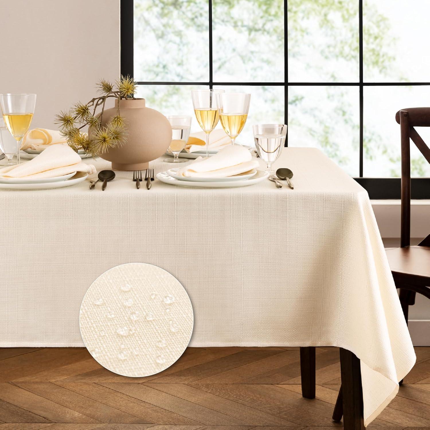 Laurel Solid Texture Water and Stain Resistant Tablecloth - 60" x 144" - Ivory - Elrene Home Fashions