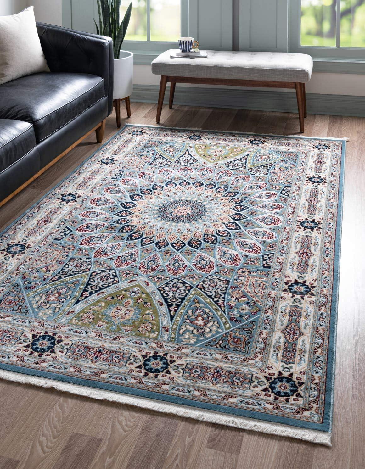 Blue Floral 8' x 10' Stain-Resistant Easy Care Rug