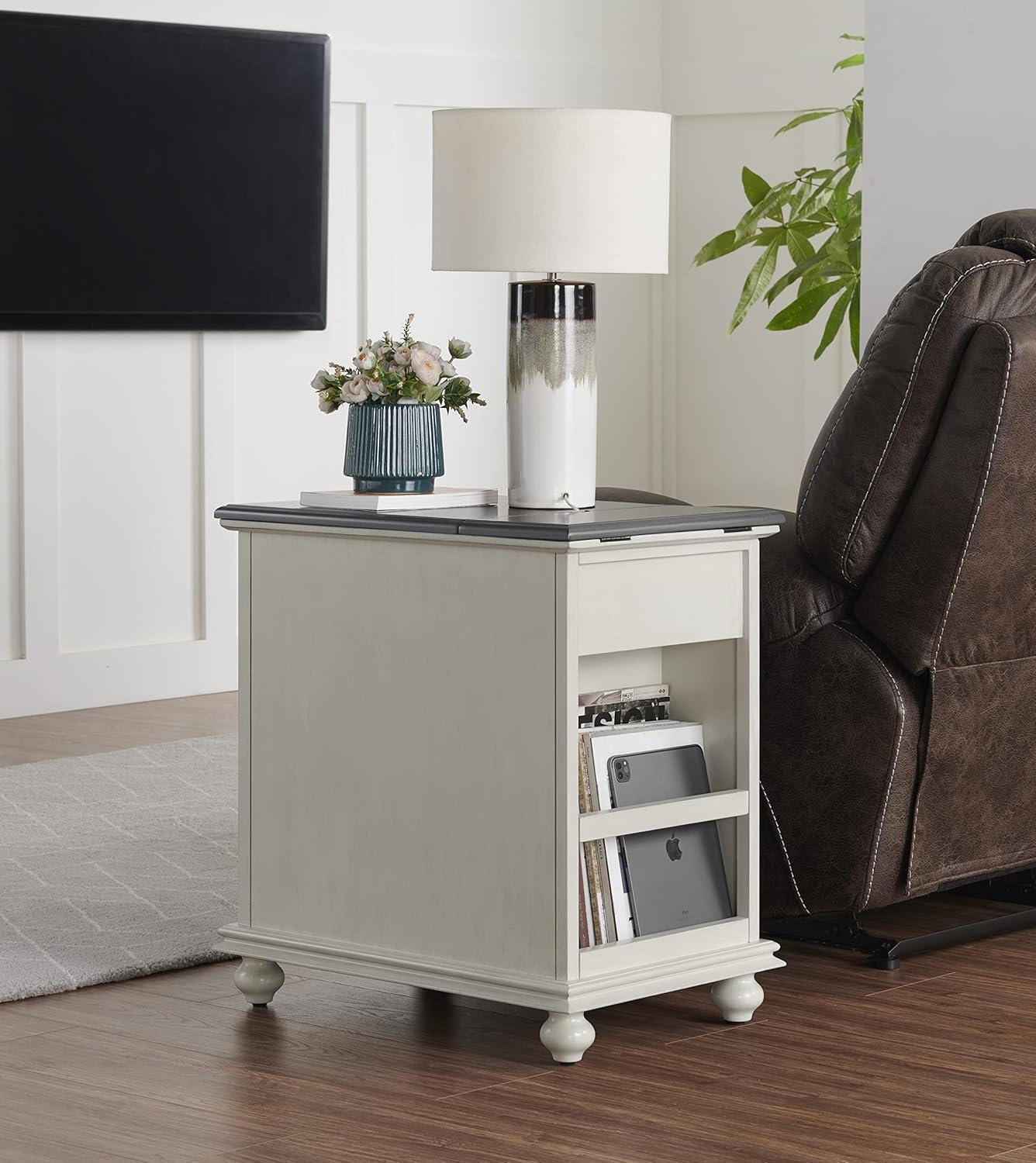 White and Gray Rectangular Wood Chairside Table with Storage