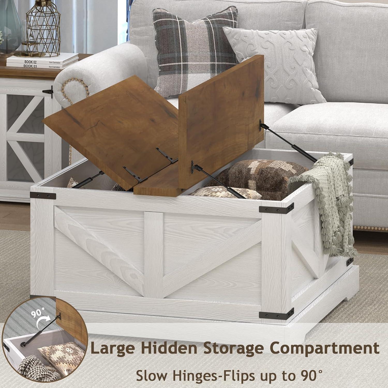 White and Brown Square Lift-Top Coffee Table with Storage