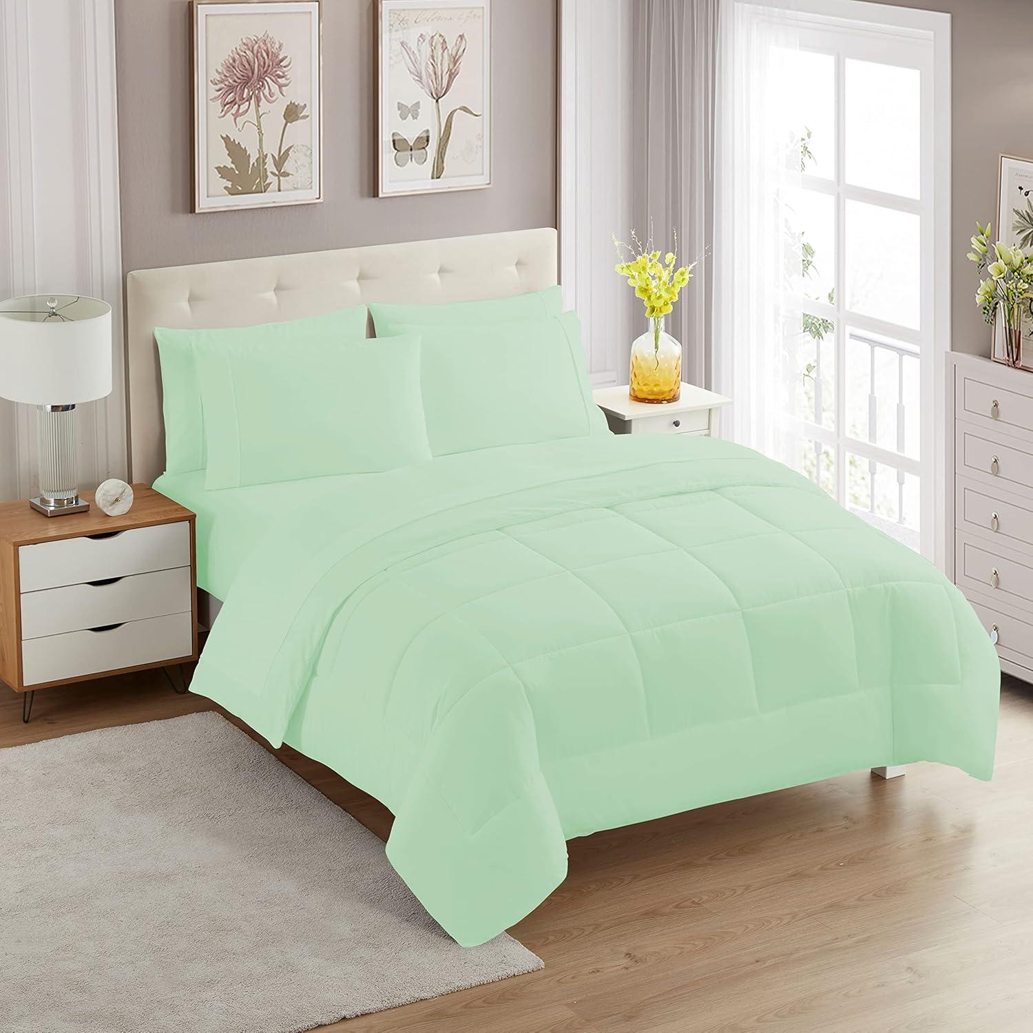 Bed-in-A-Bag Solid Color Comforter & Sheet Set Soft All Season Bedding, Twin, Mint