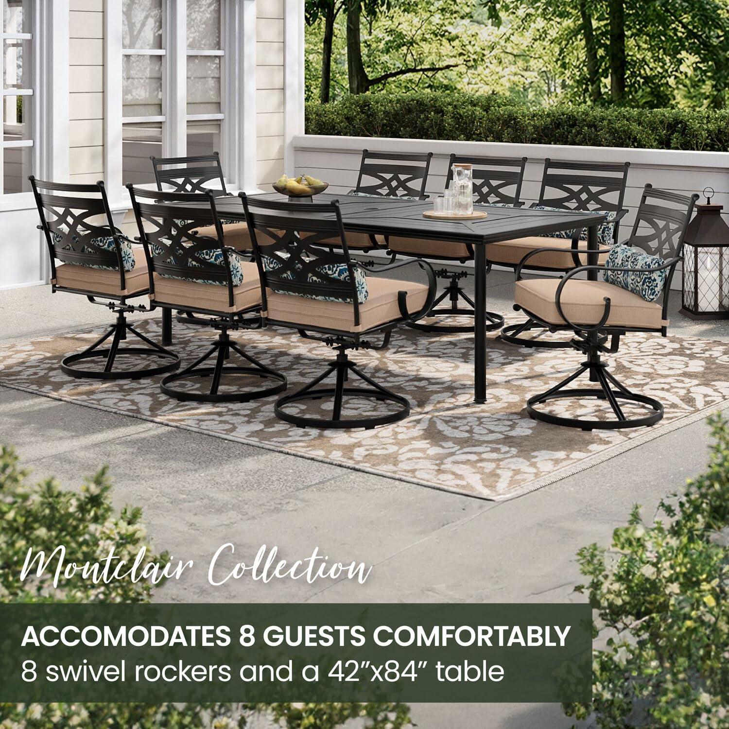 Hanover Montclair 9-Piece All-Weather Outdoor Patio Dining Set, 8 Swivel Rocker Chairs with Comfortable Seat and Lumbar Cushions, 84"x42" Stamped Rectangle Table, MCLRDN9PCSW8-TAN