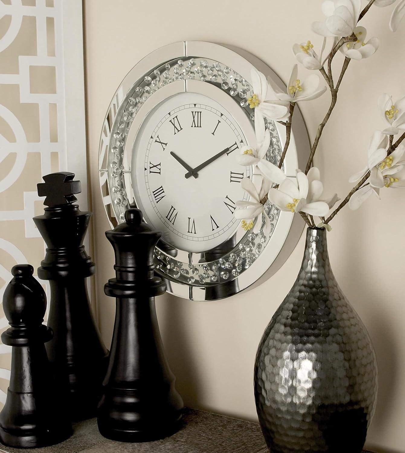 Rosdorf Park Ansonia Glass Mirrored Decorative White Wall Clock with Floating Crystals