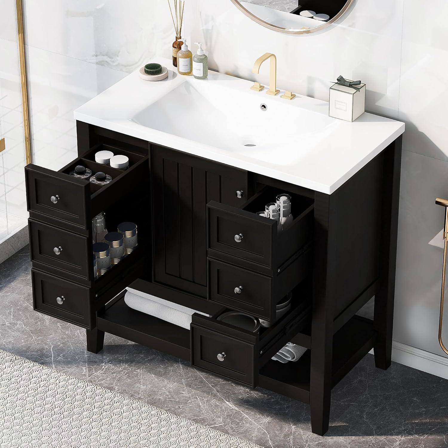 36" Bathroom Cabinet Vanity with Sink Combo, Bathroom Storage Cabinet with 3 Drawers and Two Doors, Solid Wood Frame and MDF Board (Black)