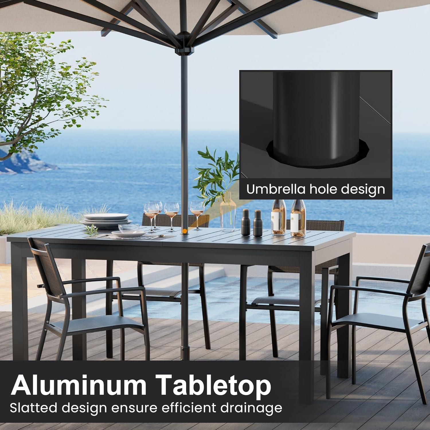 Superjoe Patio Expandable Table Dining Set for 4 to 10, Aluminum Outdoor Dining Table, Rectangular Patio Metal Table with Umbrella Hole for Backyard Porch, Deck ＆ Garden, Easy Assembly, Dark Grey