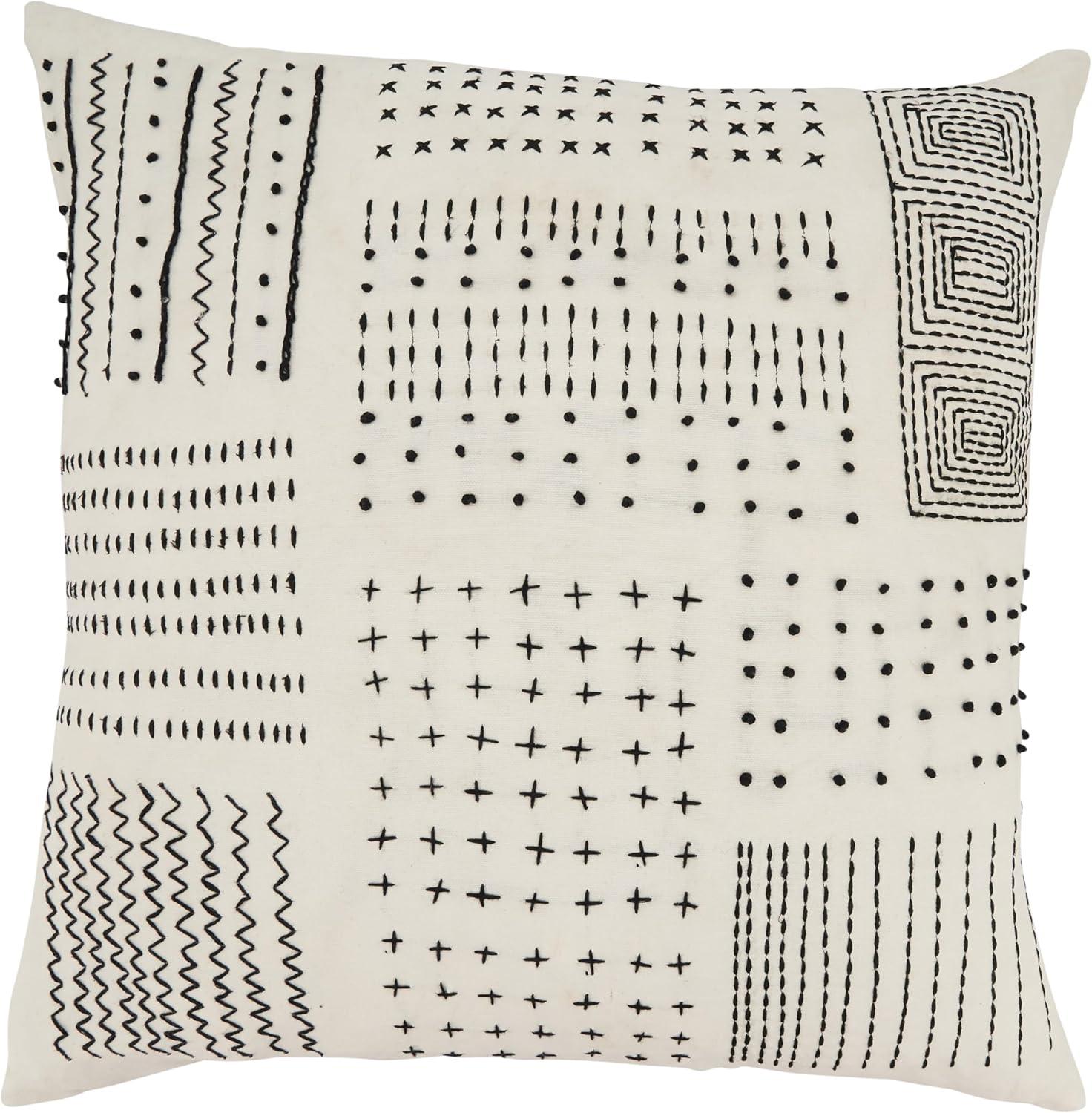 White Embroidered Cotton Square Throw Pillow