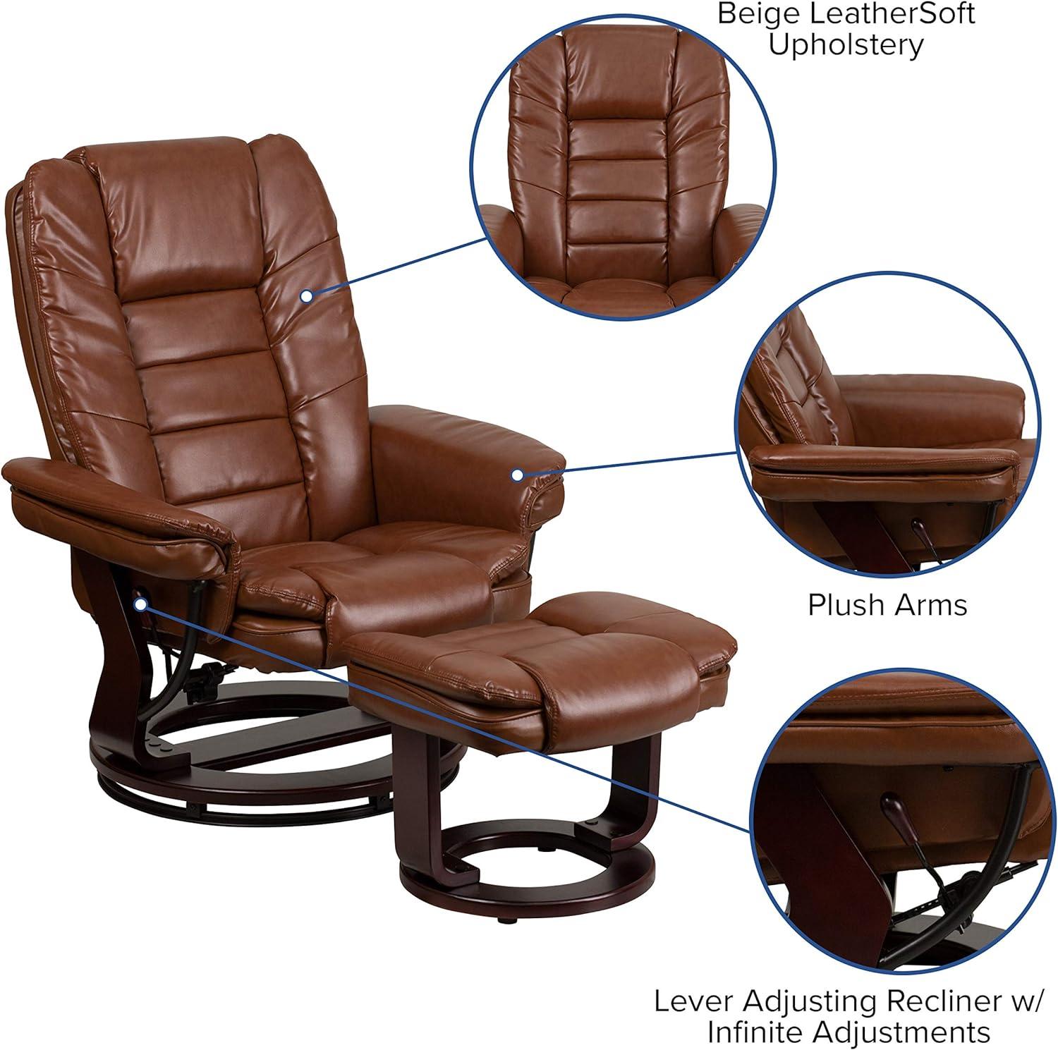 Brown Leather Swivel Recliner with Mahogany Wood Base