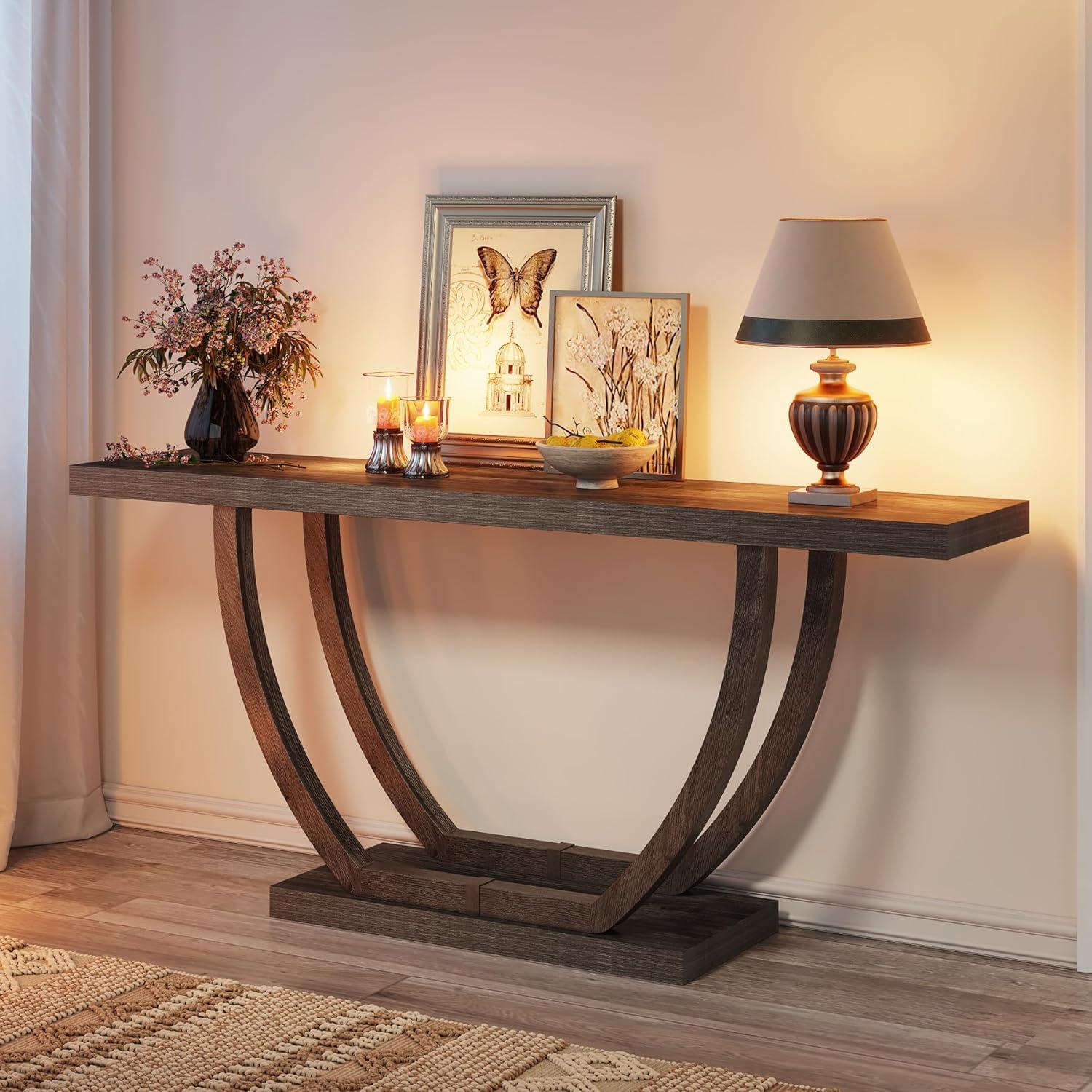 Resenkos Entryway Table, Console Sofa Table,63" Farmhouse Console Table, 2-Tier Entryway Sofa Table Gray