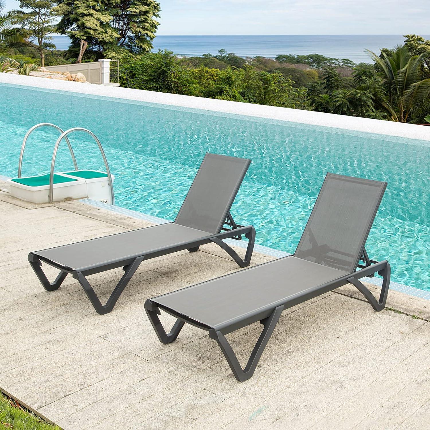 Gray Aluminum Adjustable Outdoor Chaise Lounge Set of 2