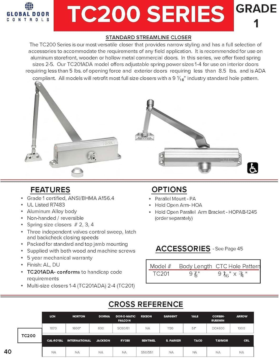 Global Door Controls TC200 Series ADA Closer with Back-Check Size 4 in Aluminum