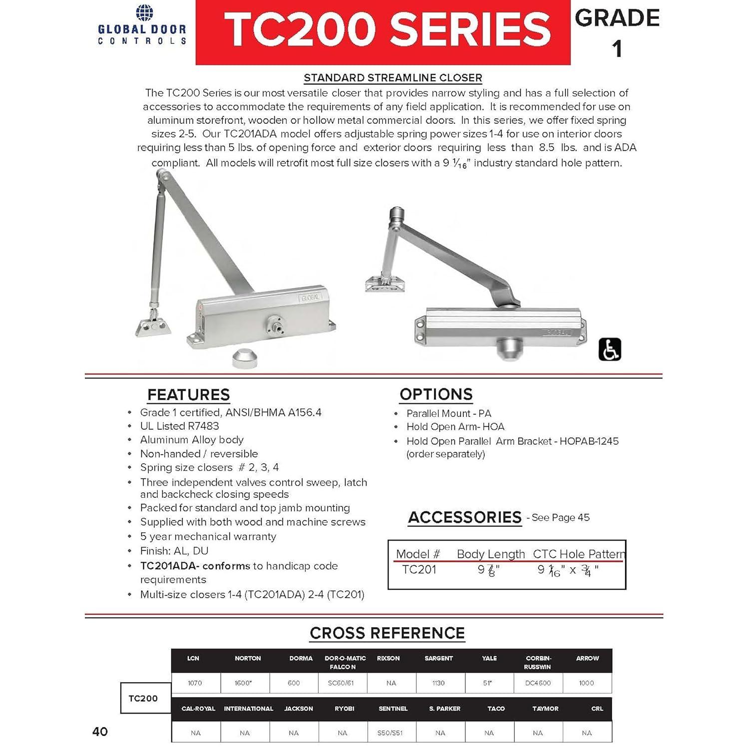Global Door Controls TC200 Series ADA Closer with Back-Check Size 4 in Aluminum