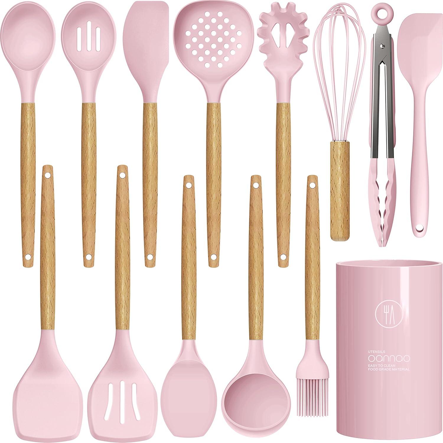 14-Piece Pink Silicone Cooking Utensil Set with Wooden Handles