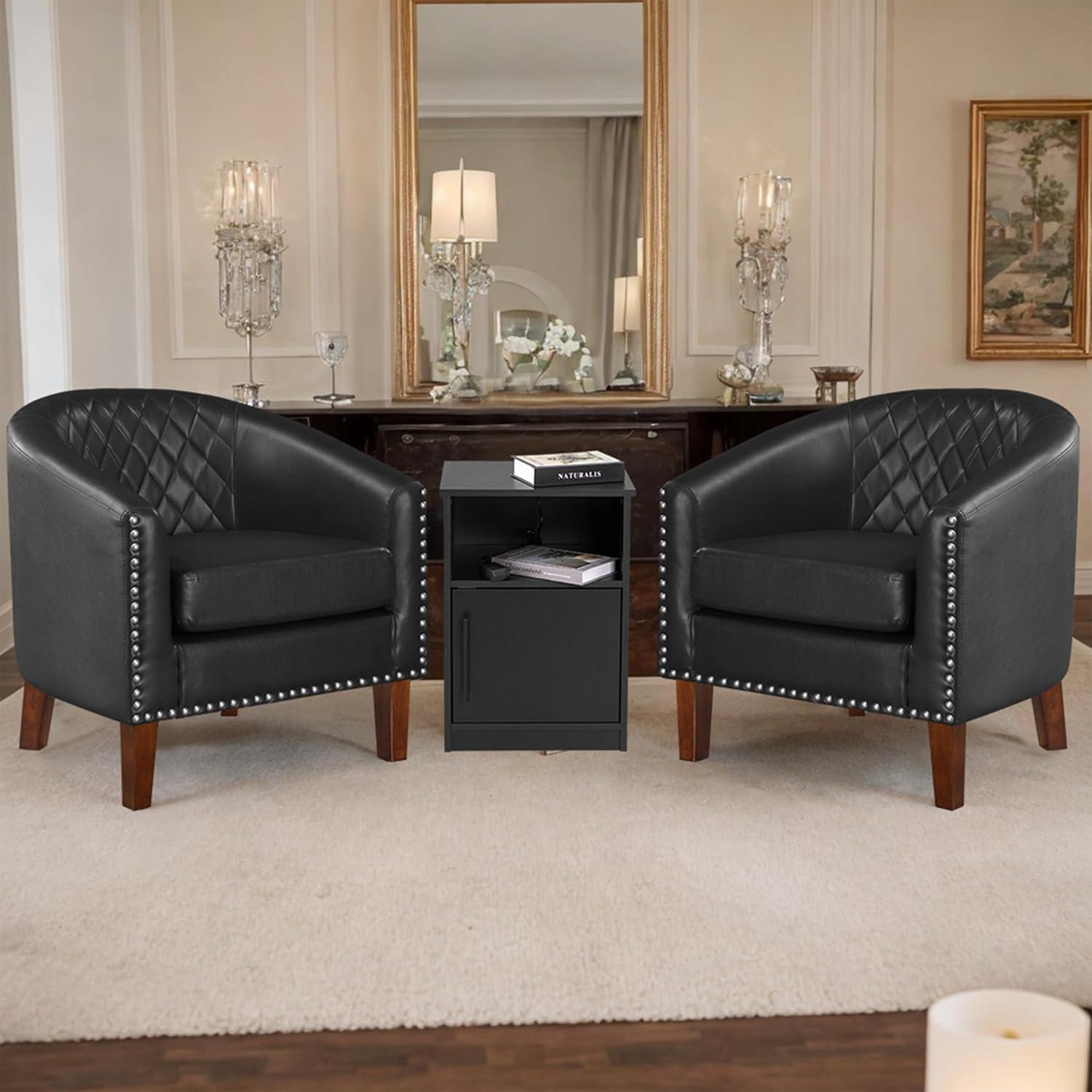 Prilinex Comfy Barrel Accent Chair Set of 2 - Faux Leather Living Room Chair Club Chair with Cushion, Diamond Grid Backrest & Nailhead Trim, Guest Chair for Office, Bedroom & Waiting Room, Black