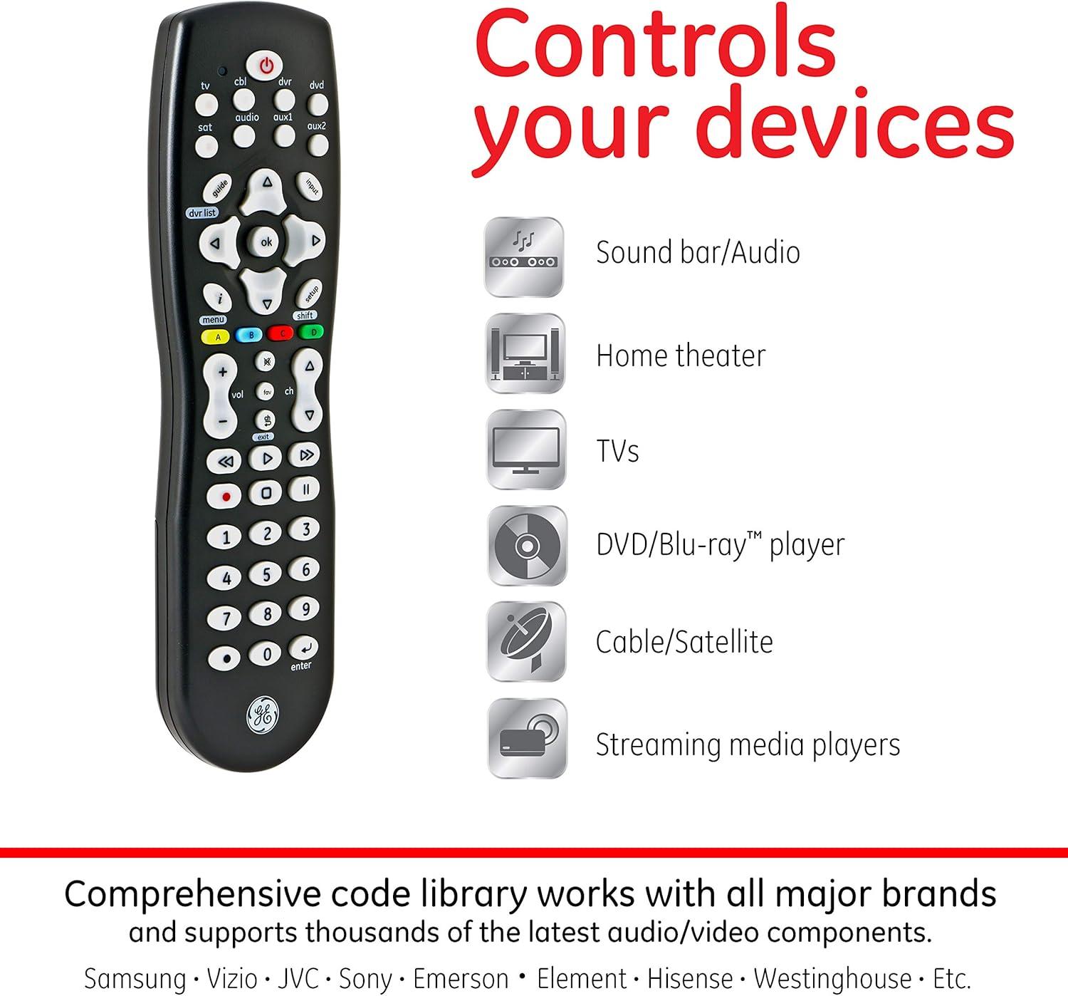 GE 8-Device Universal TV Remote Control in Black, 33715