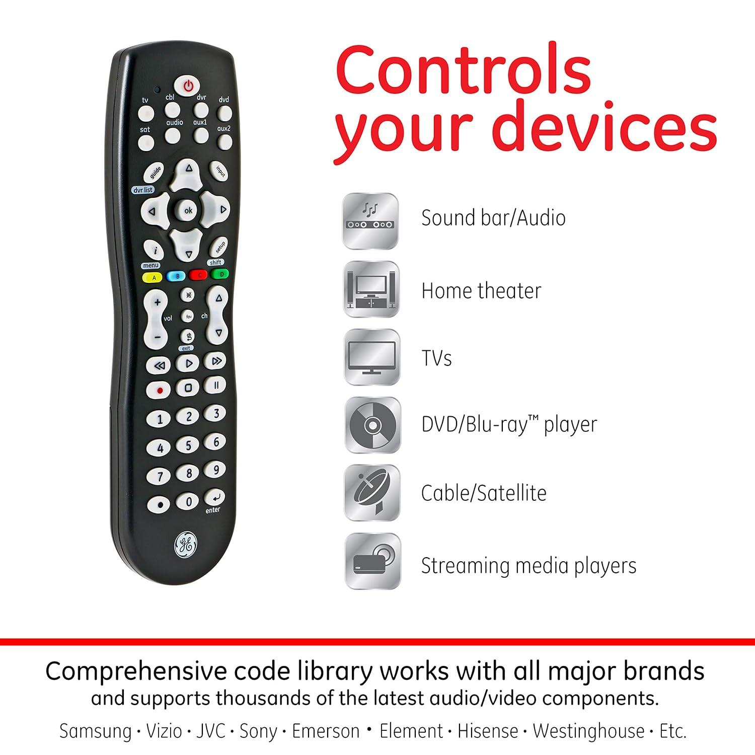 GE 8-Device Universal TV Remote Control in Black, 33715