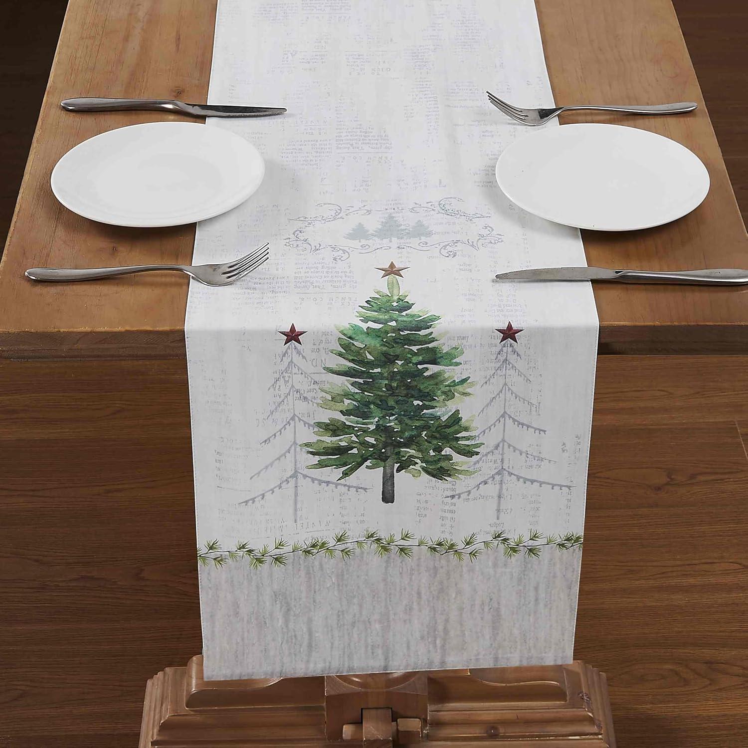 Festive Off-White and Green Polyester Christmas Table Runner