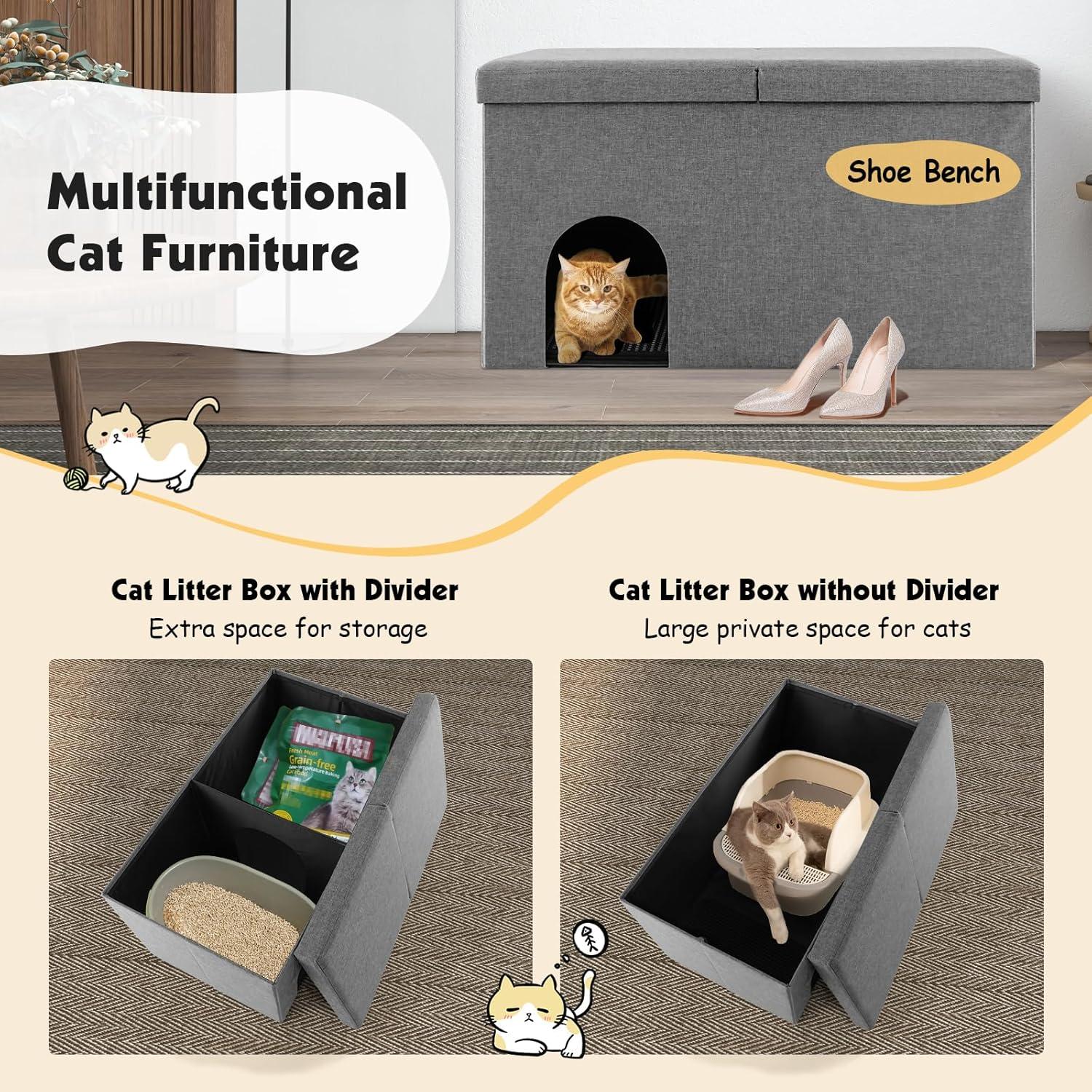 Cat Litter Box Enclosure Hidden Furniture with Urine Proof Litter Mat-Gray, Cat Litter Box Enclosure , Hidden Cat Washroom Furniture, Pet Crate for Living Room, Bedroom, Balcony