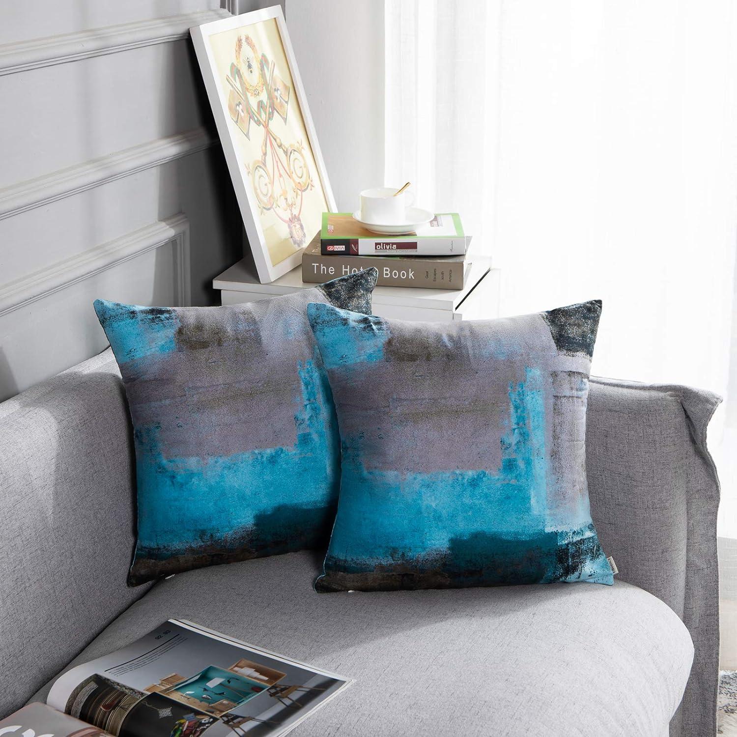Britimes Throw Pillow Covers Modern Home Art Decor, 18 x 18 Inches Set of 2 Pillow Cases Decorative, Abstract Oil Painting Pillowcases for Bedroom, Living Room, Cushion Couch Sofa, Teal Grey