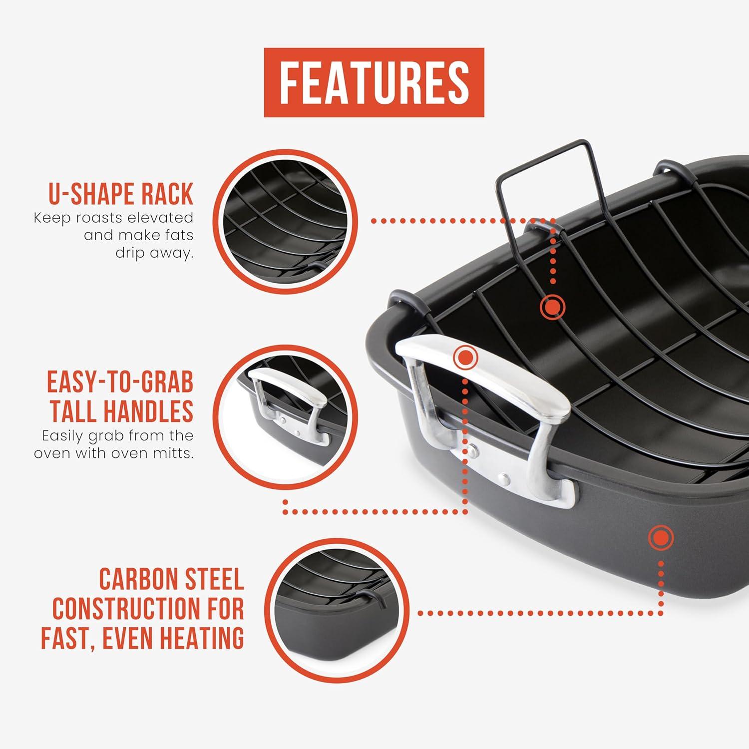 Extra-Large Grey Non-Stick Carbon Steel Roasting Pan with Handles and Rack