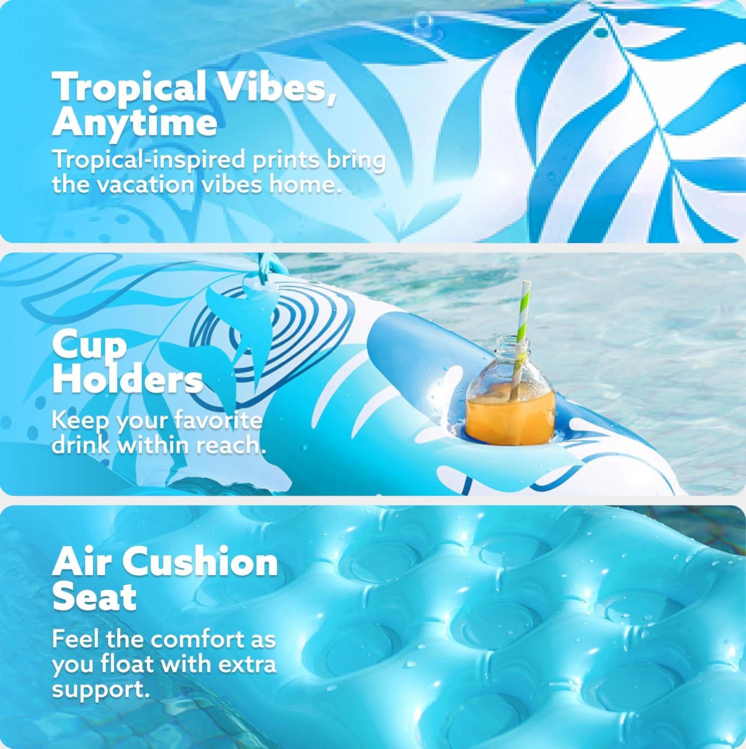 SLOOSH Inflatable Pool Floats Adult,2 Pack Pool Chairs with Cup Holders,Blow up Floats Chair,Hammock Noodle Mat Leaves Design for Relaxing Summer Water Fun Swimming Party Beach