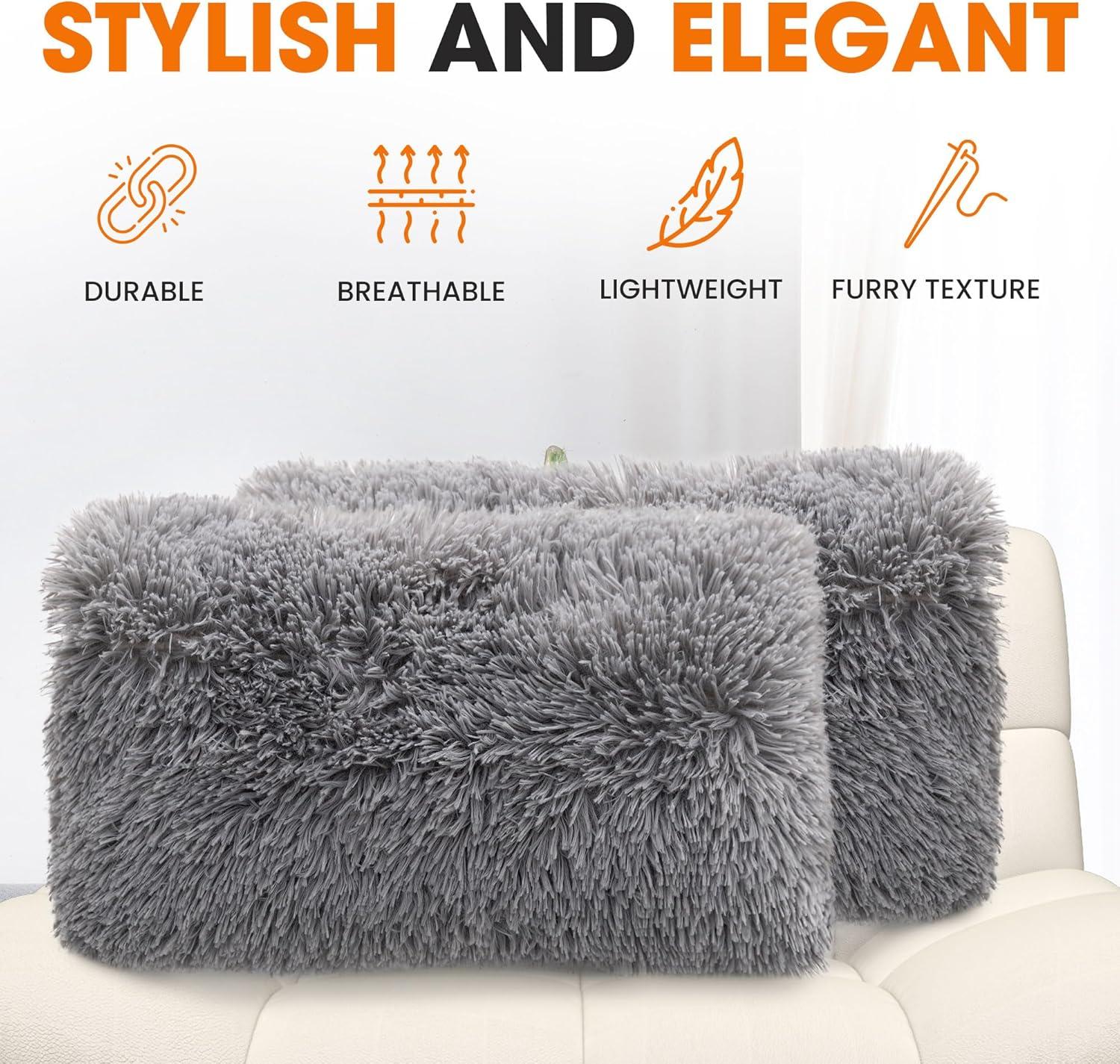 Cheer Collection Super Soft Shaggy Long Hair Throw Pillows Set of 2 - Silver (12" x 20")