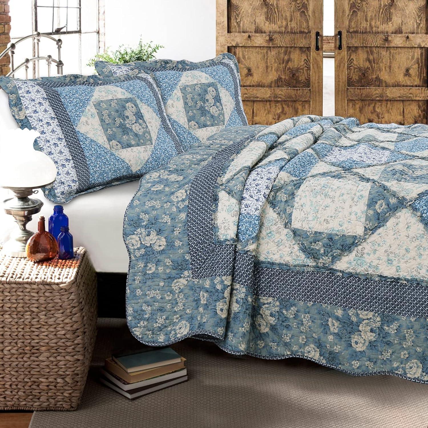 King Blue Cotton Reversible Patchwork Quilt Set