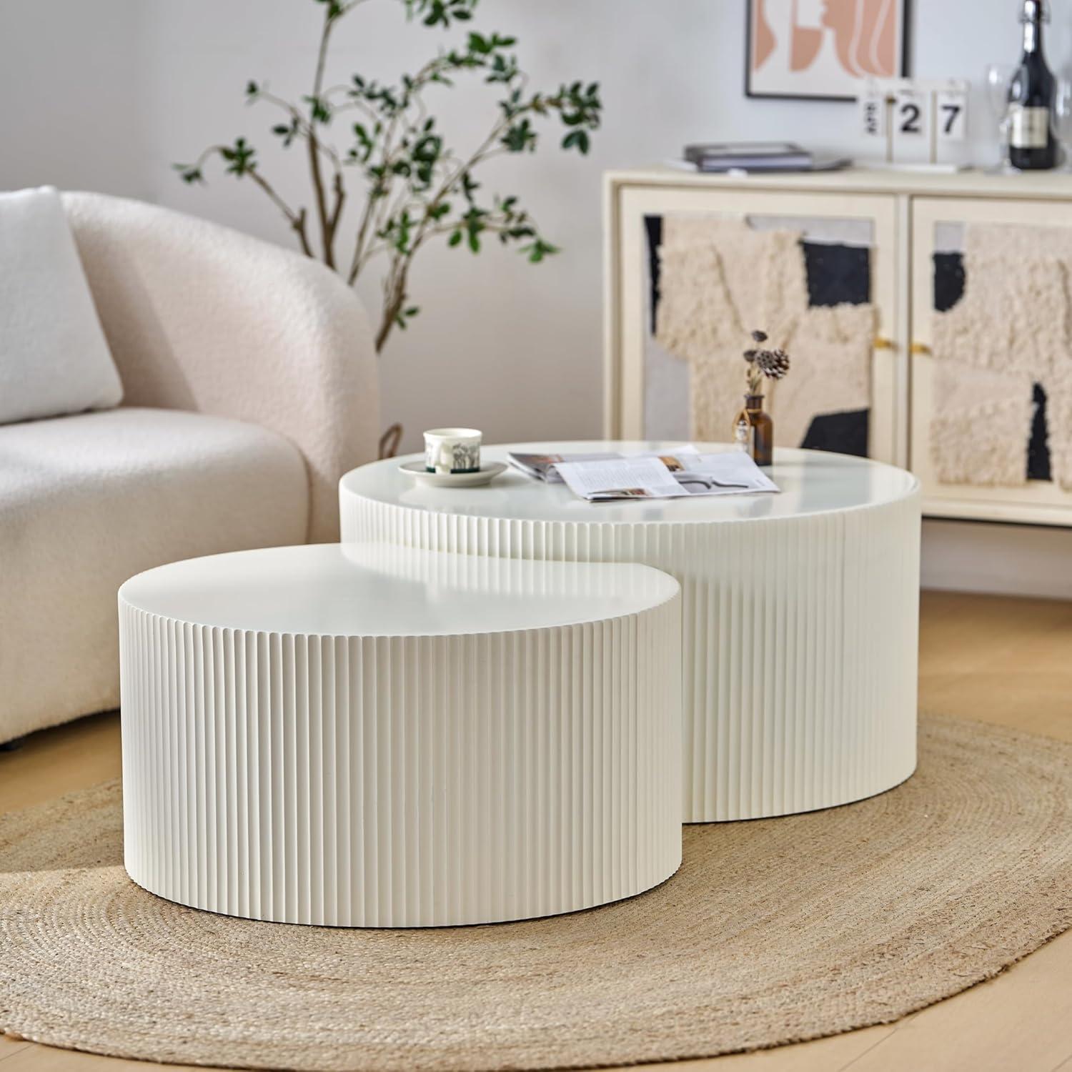 Nesting Coffee Table Set of 2, Vertical Stripe Design Drum Coffee Table, End Table, Round Side Table for Living Room, Bedroom, Beige