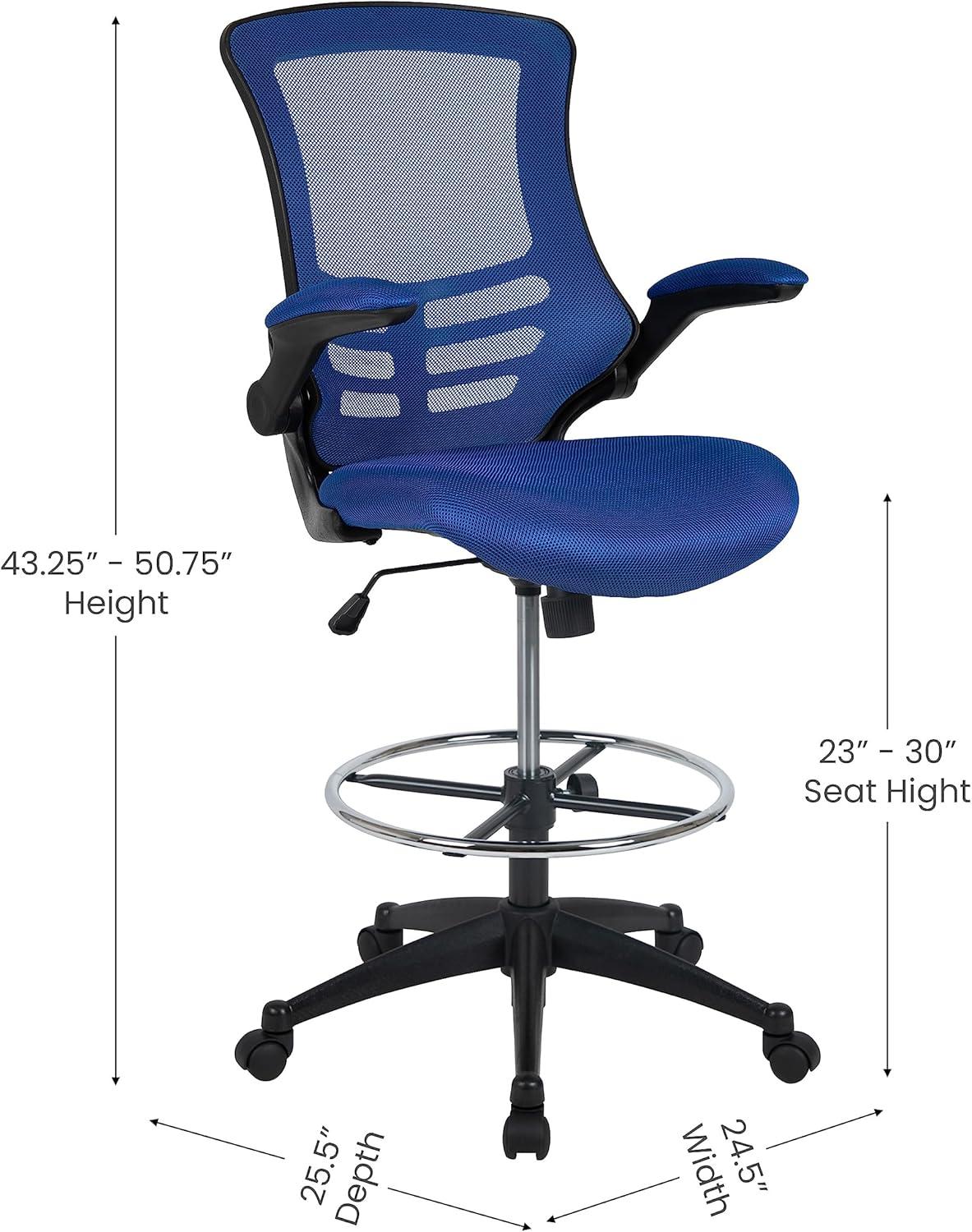 Flash Furniture Kelista Mid-Back Blue Mesh Ergonomic Drafting Chair with Adjustable Foot Ring and Flip-Up Arms