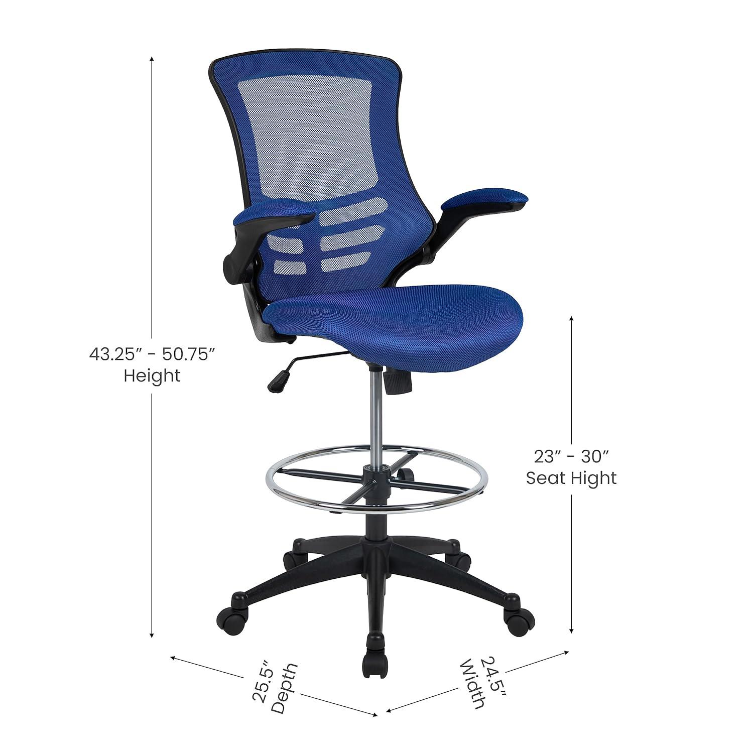 Emma and Oliver Mid-Back Red Mesh Ergonomic Drafting Chair with Foot Ring and Flip-Up Arms