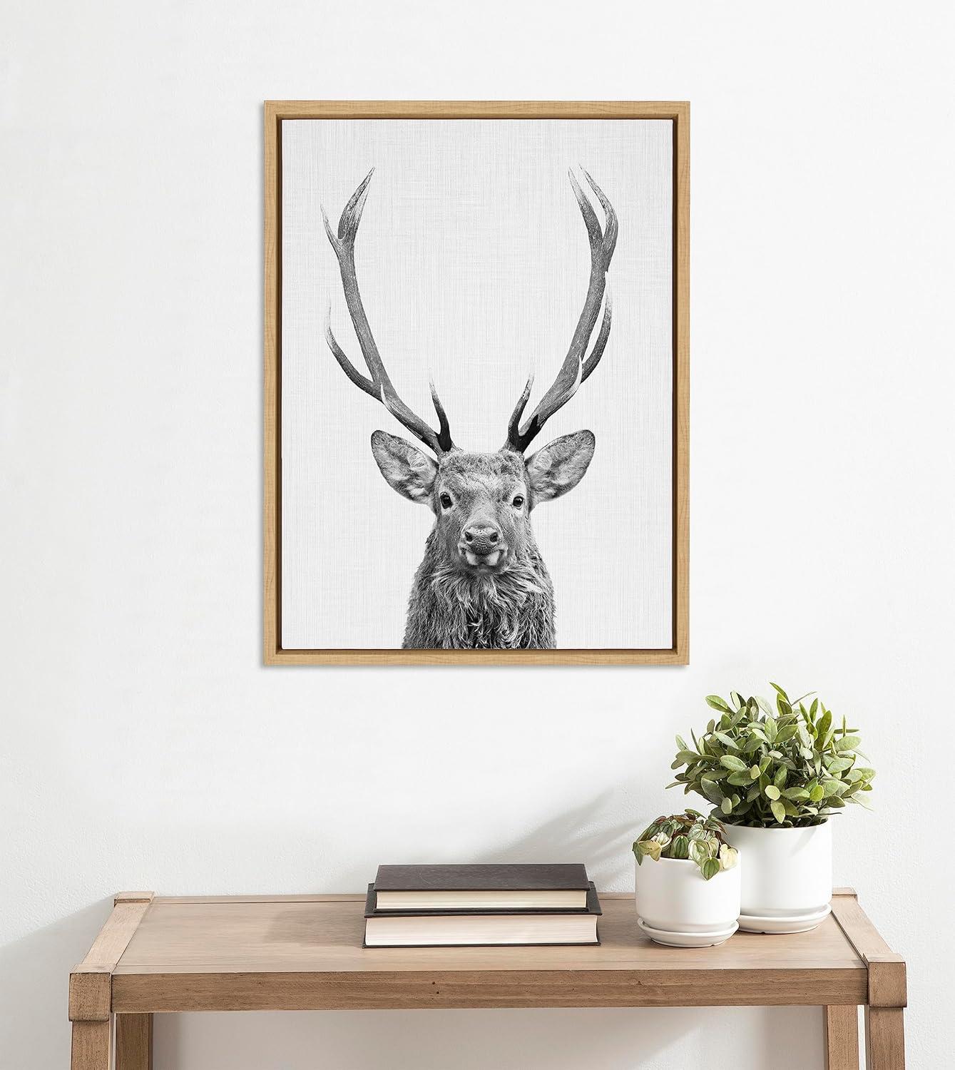 Kate and Laurel Sylvie The Red Deer BW Framed Canvas Wall Art by Simon Te of Tai Prints, 18x24 Natural, Black and White Forest Deer Portrait Art