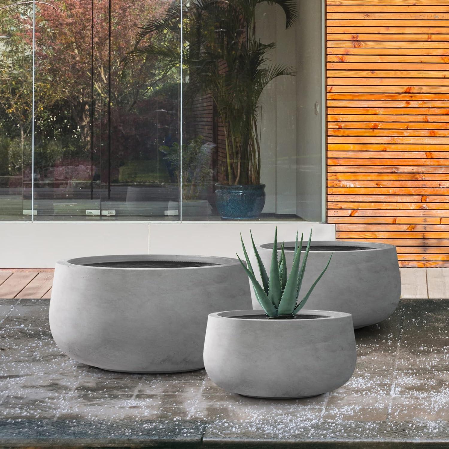 Set of 3 Round Gray Concrete Planters with Drainage