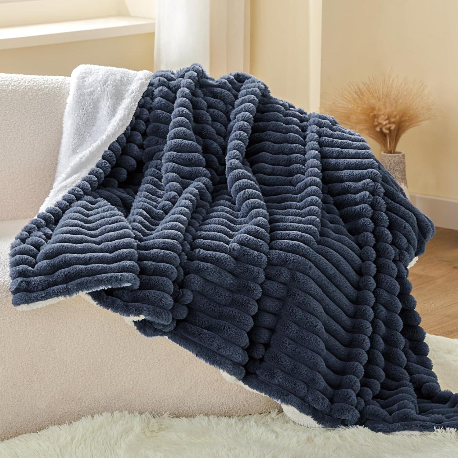 PAVILIA Soft Thick Fleece Flannel Ribbed Striped Throw Blanket, Luxury Fuzzy Plush Warm Cozy for Sofa Couch Bed