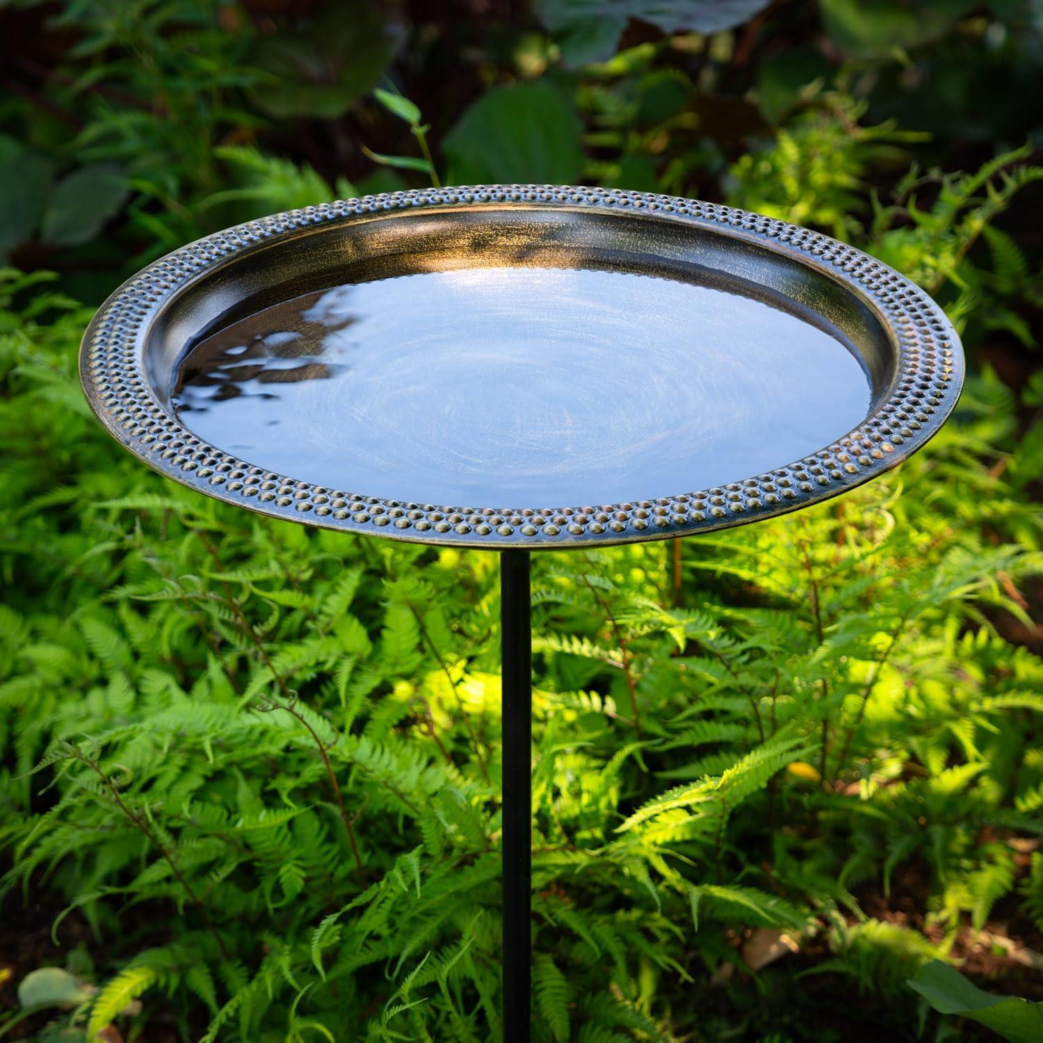 Hand-Hammered Copper Birdbath with Aged Brass Finish and Stand