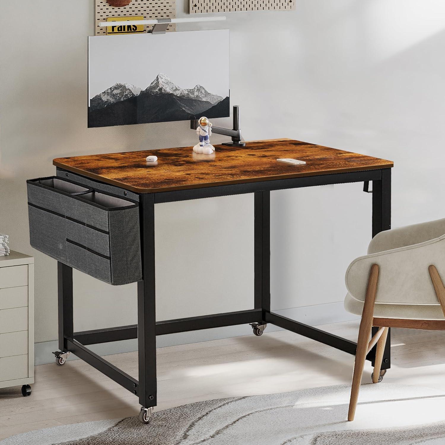 AHB 39" Rolling Computer Desk with 4 Smooth Wheels, Simple Style Mobile Writing Desk Home Office Study Table Movable Workstation with Metal Frame