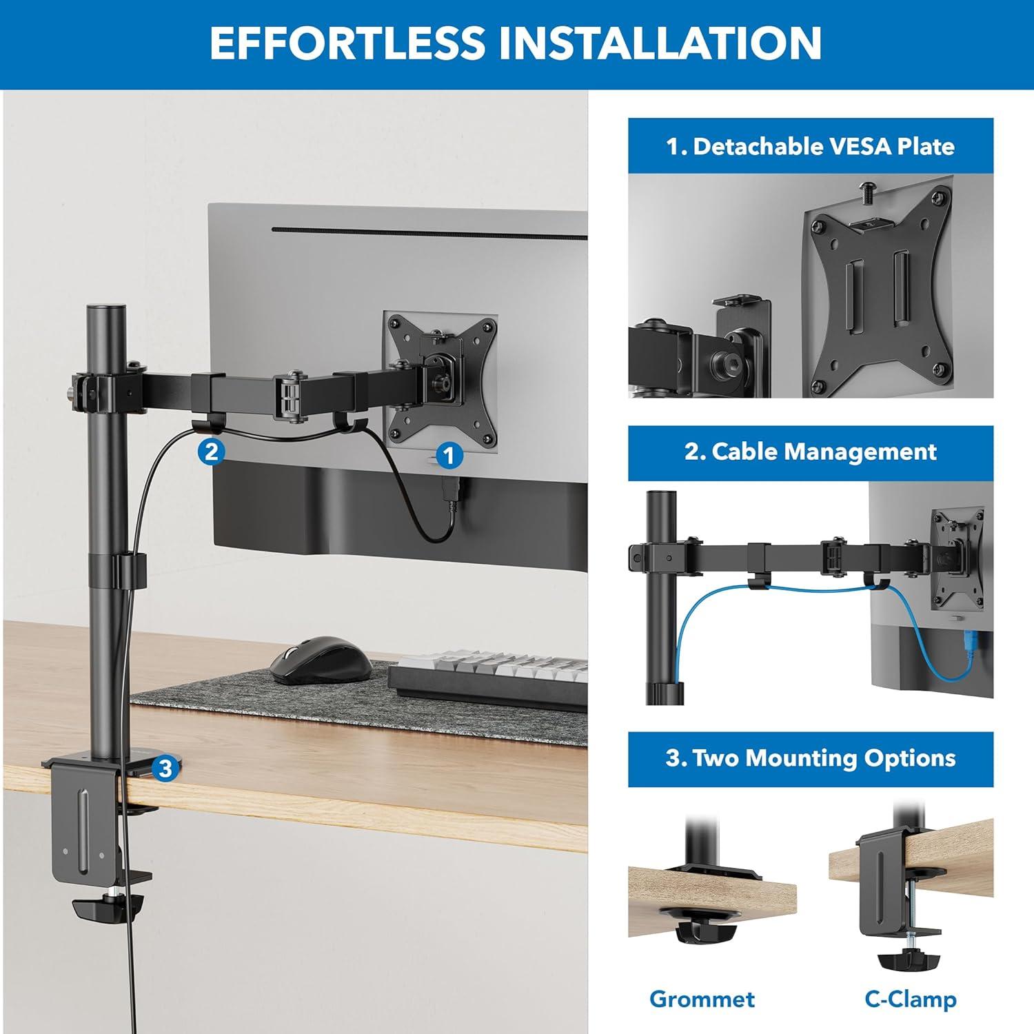 Black Steel Full Motion Single Monitor Desk Mount