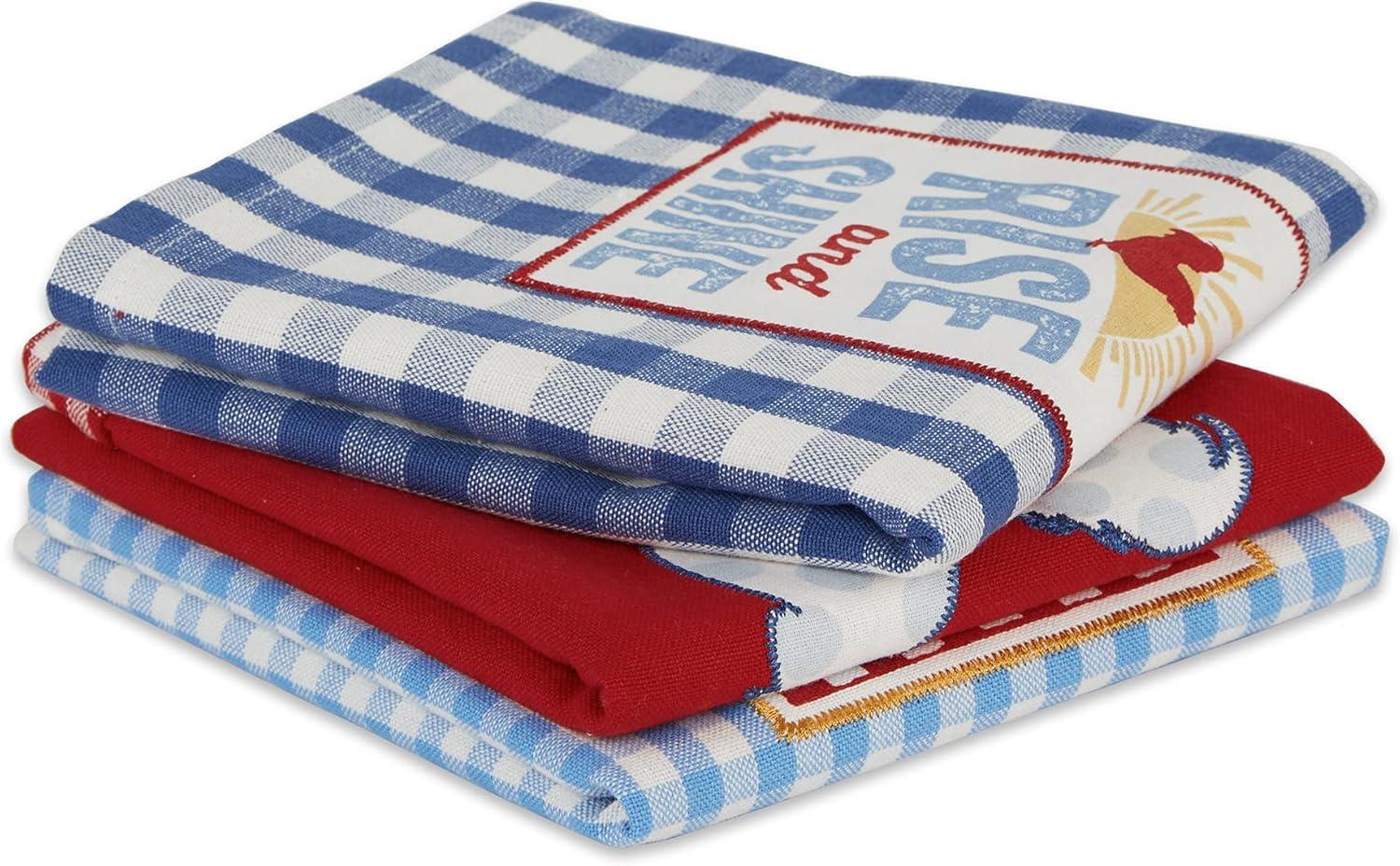 Set of 3 Red and Blue Cotton Embroidered Dishtowels