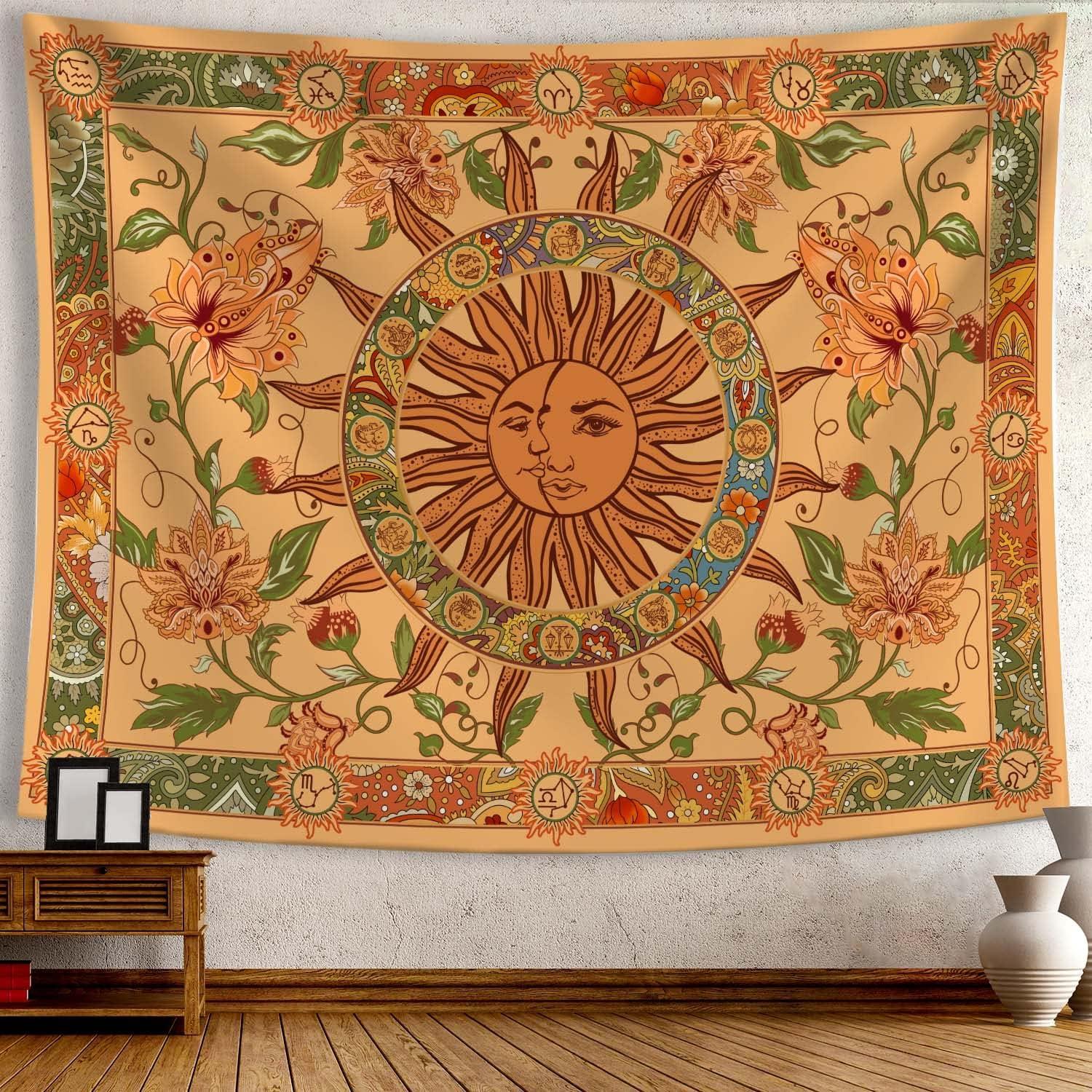 Yellow Sun and Moon Tapestry Vintage Indie Boho Tapestry Wall Hanging with Sunflowers Butterfly Moth Constellation Aesthetic Wall Tapestries for Room Decor (35''high × 47''wide)
