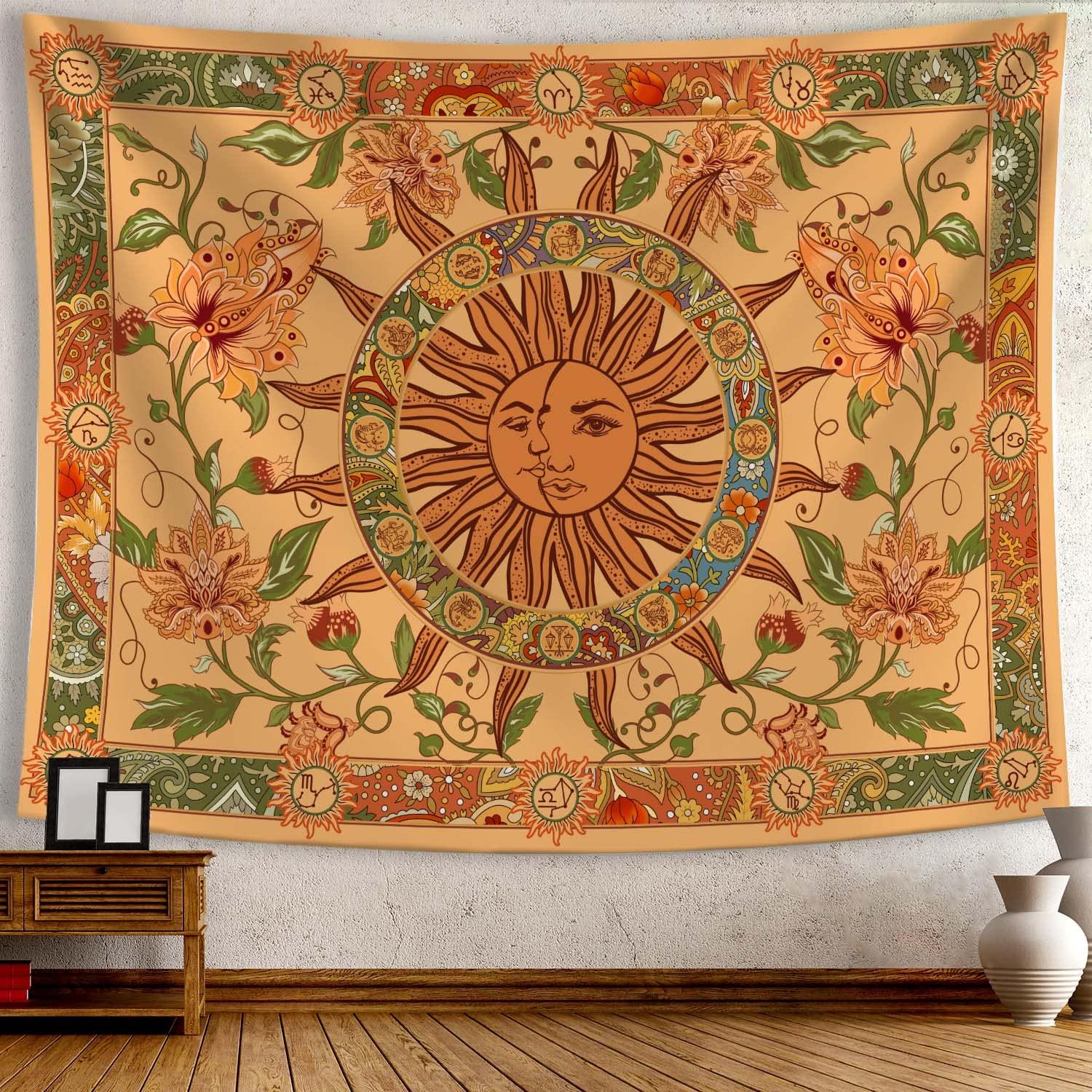 Yellow Sun and Moon Tapestry Vintage Indie Boho Tapestry Wall Hanging with Sunflowers Butterfly Moth Constellation Aesthetic Wall Tapestries for Room Decor (35''high × 47''wide)