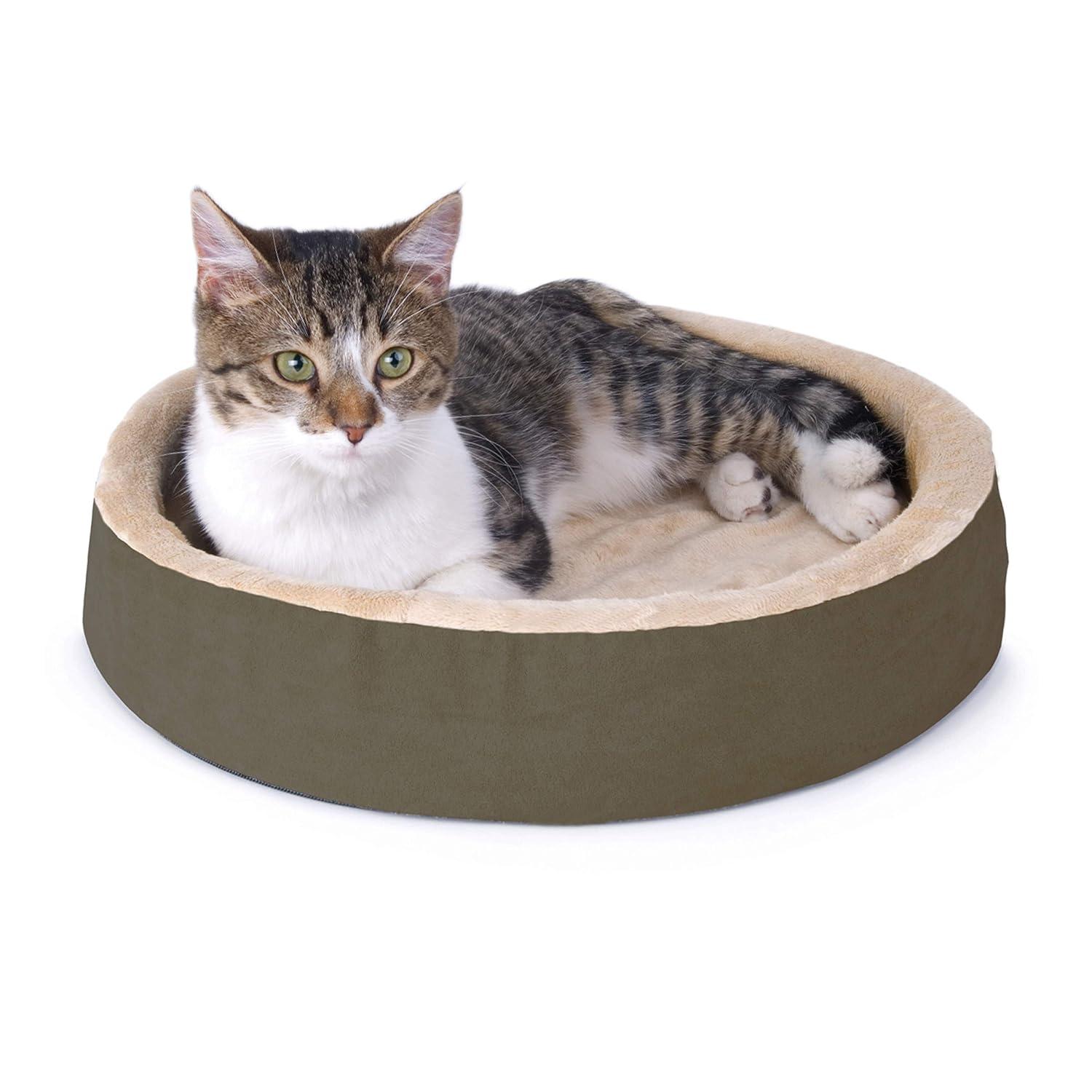 K&H Pet Products Thermo-Kitty Cuddle Up Indoor Heated Cat Bed for Dogs & Cats, Washable Pet Bed, Round Thermal Cat Mat with Short Bolster - Mocha 16 Inches