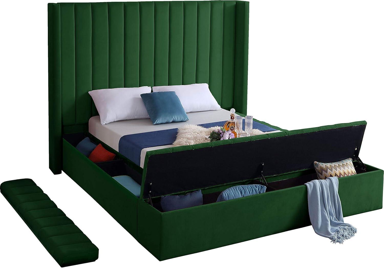 Meridian Furniture Kiki Solid Wood and Velvet Queen Bed in Green