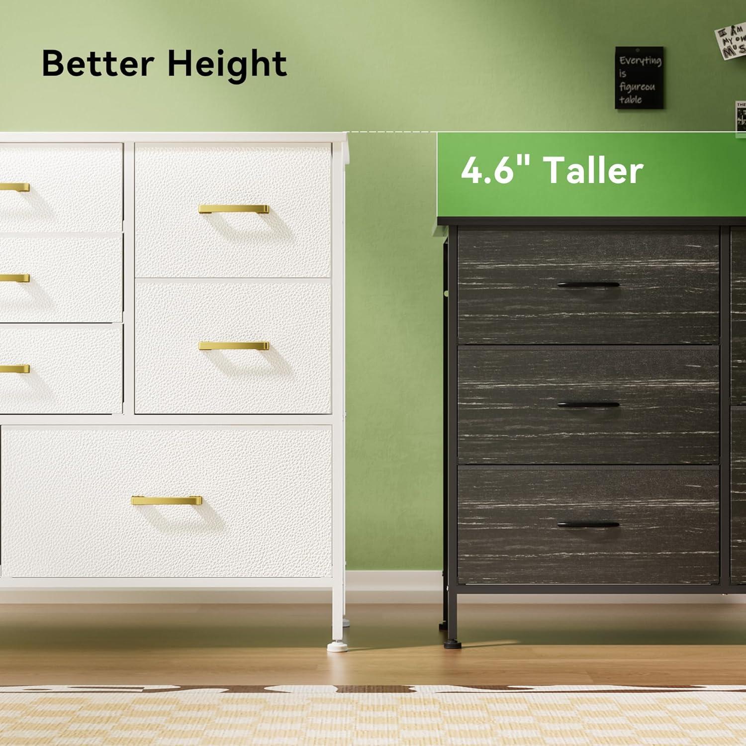 White Fabric Chest of Drawers with Leather Finish, Wide Dresser for Bedroom & Living Room TV Stand, Entertainment Center, Featuring 9 Drawers for 50” TV