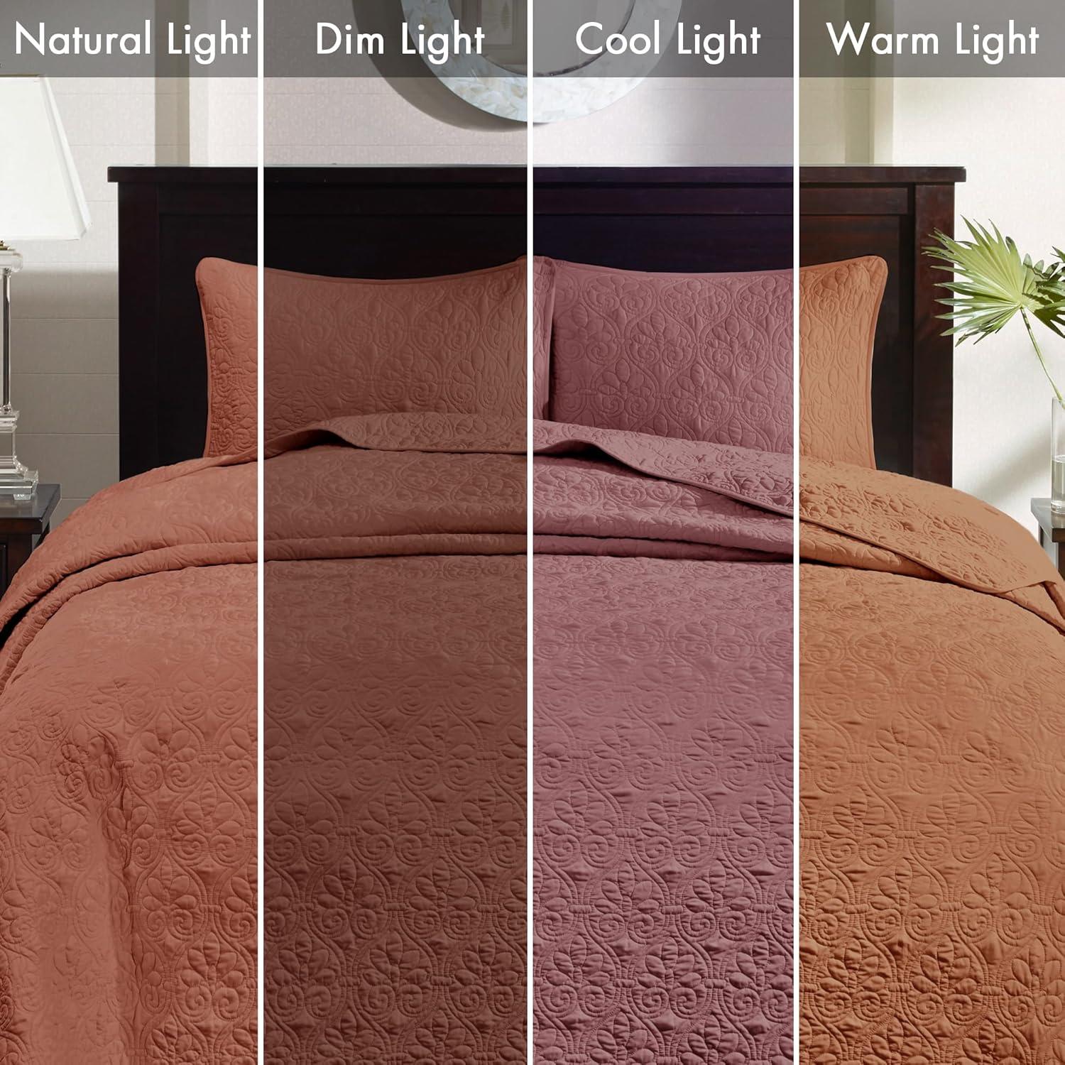 Madison Park Bedspread Set Reversible Damask Quilted Oversized Coverlet, Cotton-Filled Quilts Oversized, All Season, Lofty & Warm Bedspread, Quebec, Clay Red 3 Piece