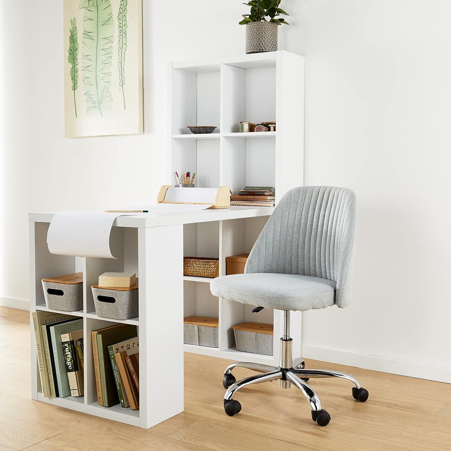 White Engineered Wood Contemporary Office Desk with Storage Cubbies