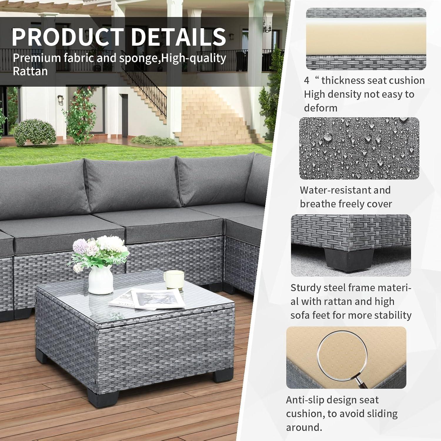 Gray 7-Piece Steel Wicker Outdoor Sectional Sofa Set