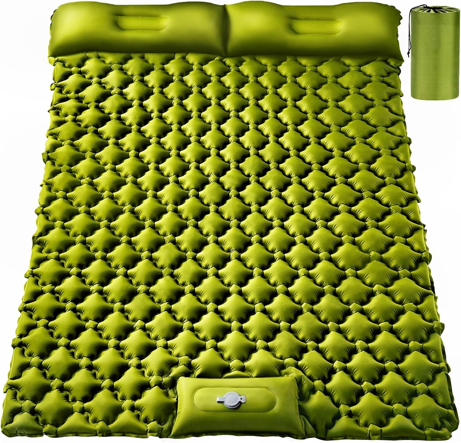 Ultralight Green Nylon Double Sleeping Pad with Built-in Foot Pump