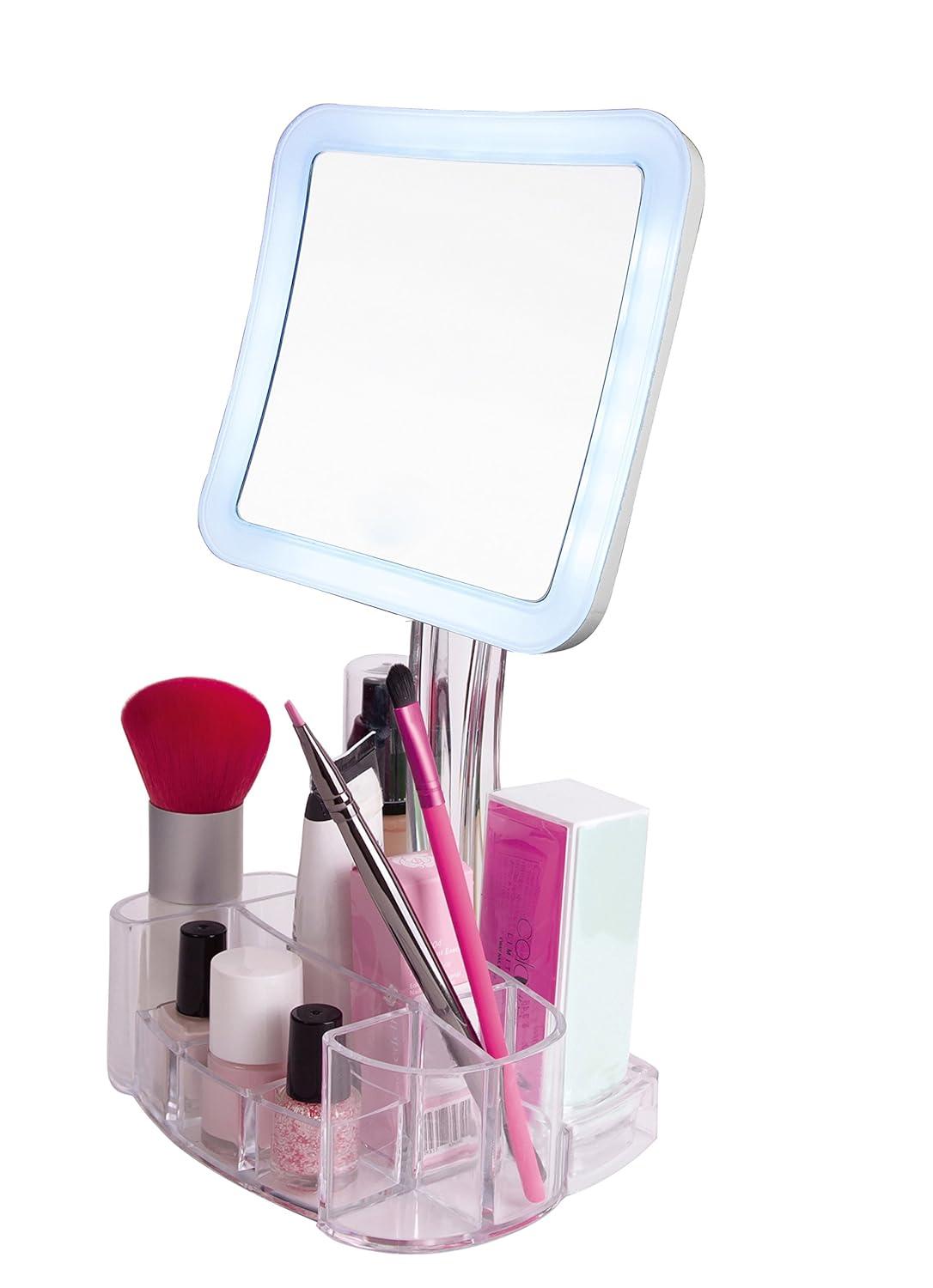 Daisi Magnifying Lighted Makeup Mirror, 7X Magnification, LED, Swivel Stand, Vanity Tray & Cosmetic Holder, Square