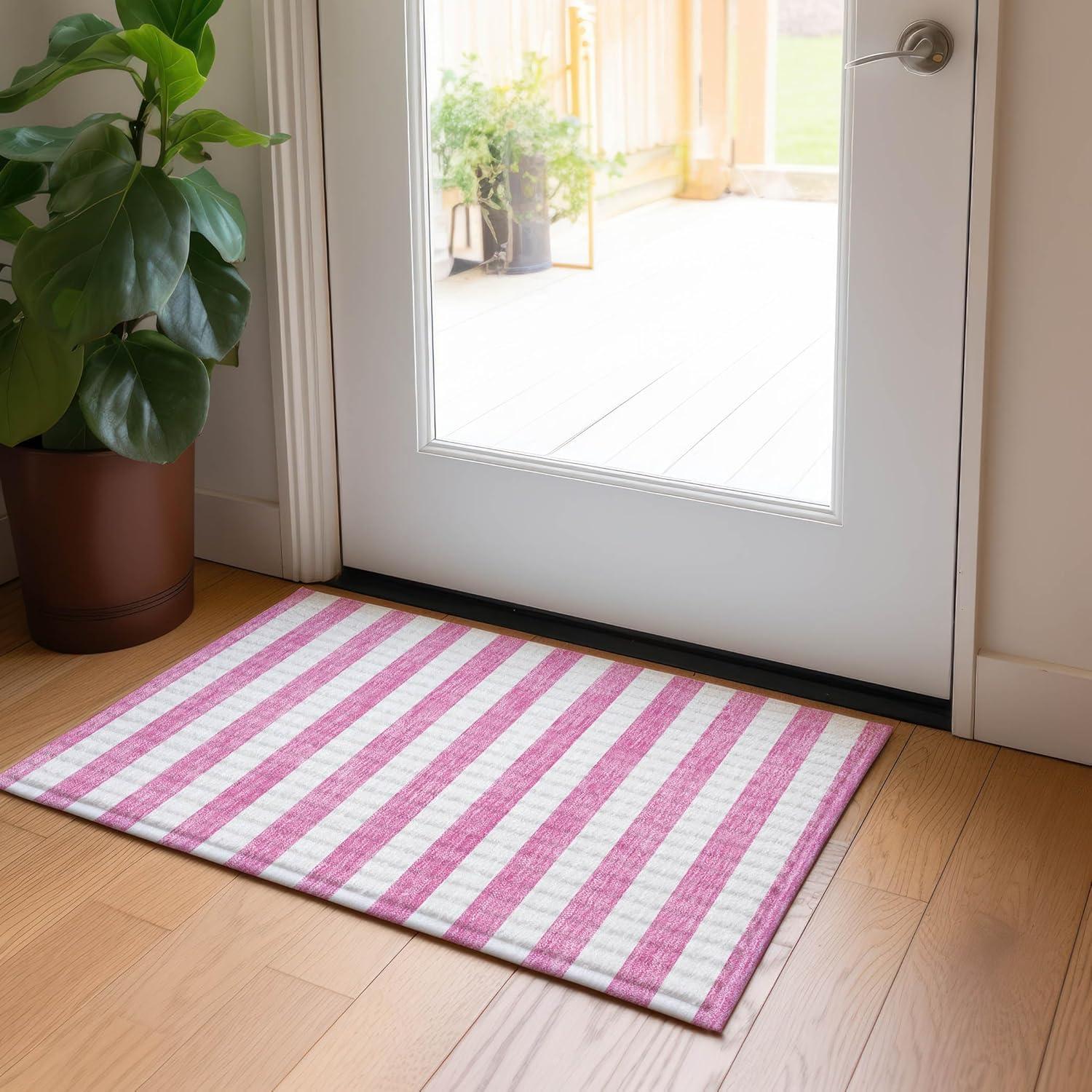 Pink and White Striped Synthetic Washable Area Rug