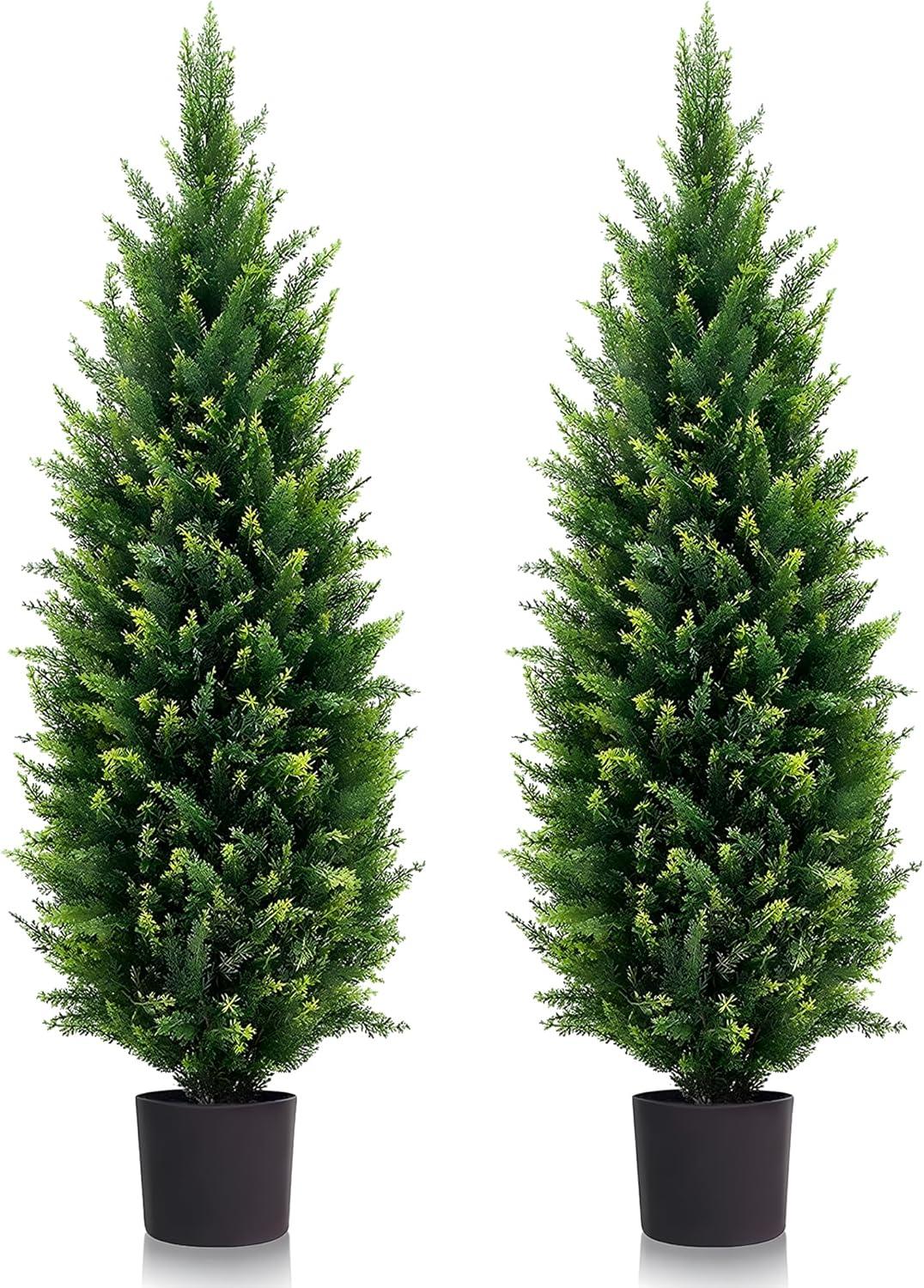 4FT 2-Pack Artificial Cedar Topiary Trees UV Resistant Potted Shrubs Fake Plants, Faux Pine Tree Plant for Home Office Garden Front Porch Patio Indoor Outdoor Party Wedding  Decor